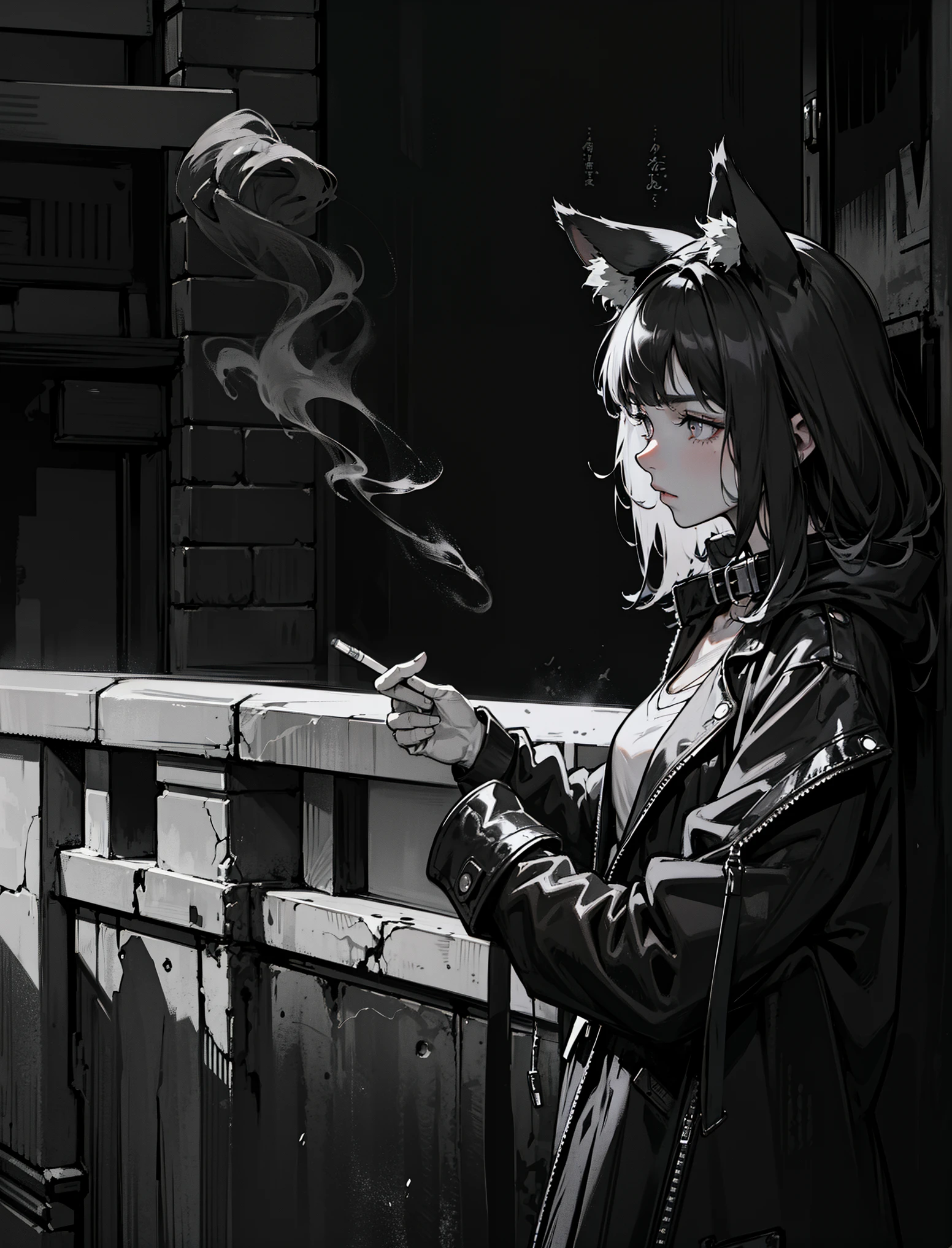 The Wolf Girl, black  hair, wolf ears with white fur inside, high collar coat, lights a cigarette, black and white, Noir, Pathos, standing against the wall, leaning on the wall, Street, NOhumans, a 1girl, cigarette,  from on the side, Grayscale, Keeps, Monochrome, railing, Smoke, smoking, 独奏, Anime style, 2d drawing, Thoughtful, Serious, Pathos, Noir