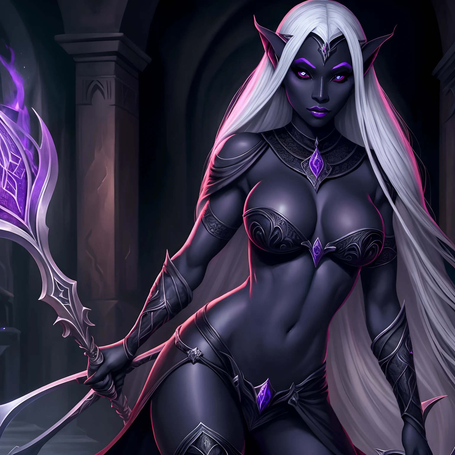 Beautiful female drow, rosto bonito, Evil countenance nice body, olhos vermelos, cabelo prateado, vestindo armadura, capa , 8k, extremamente detalhado, ultra realista