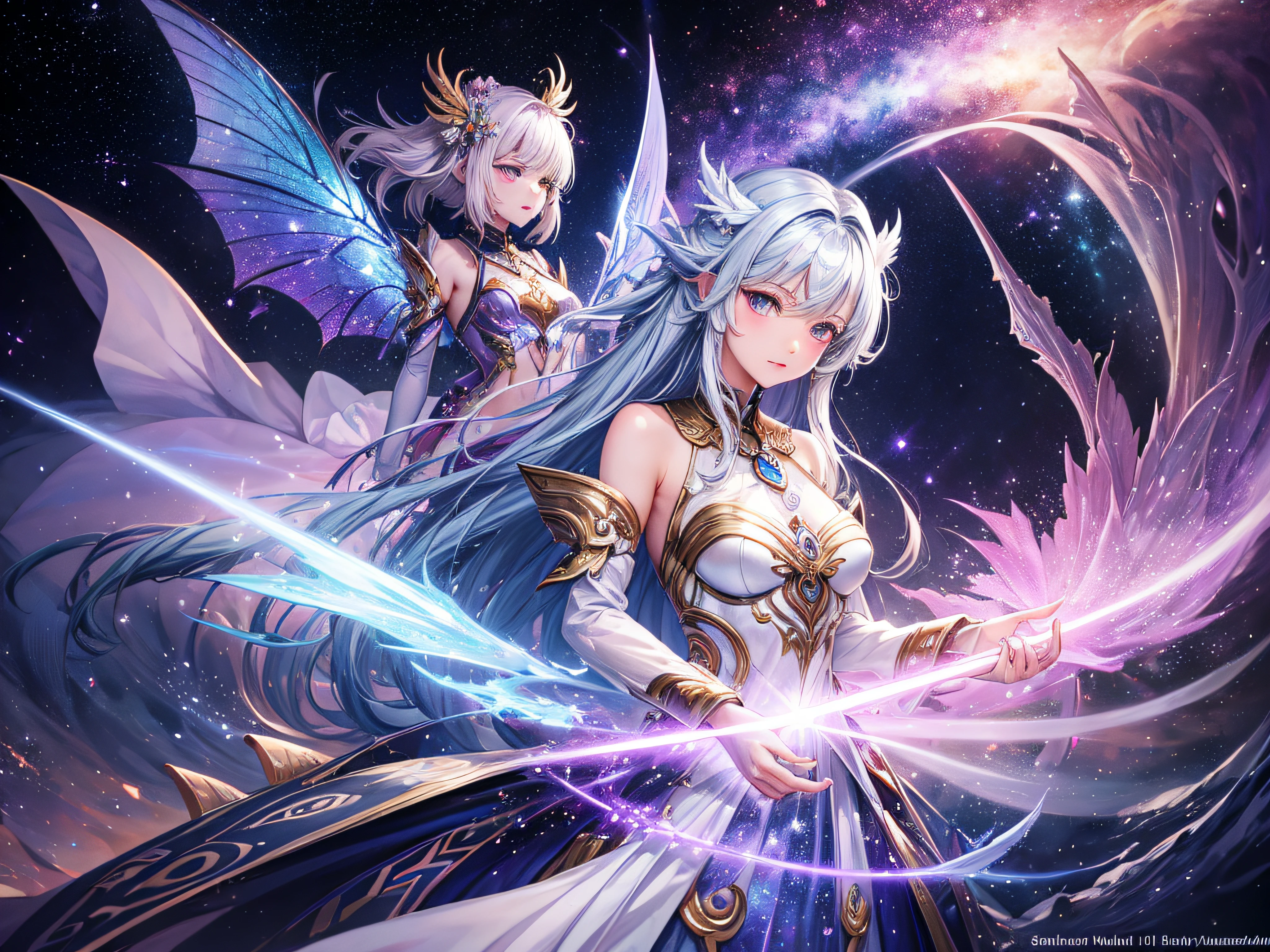 Digital art by IrinaKapi. Stardust and silver purple flower dragon and white sakura, fantastic galactic world, gas aura, galactic atmosphere, female character, light blonde hair, radiance and shine of stars, luminescence, fairy-tale atmosphere, surrealism, abstraction, masterpiece, best quality. by Natalia Rak and Natalie Shaw. galactic atmosphere, female character, light blonde hair, purple eyes, dragon wings with starry pattern, magic, best quality