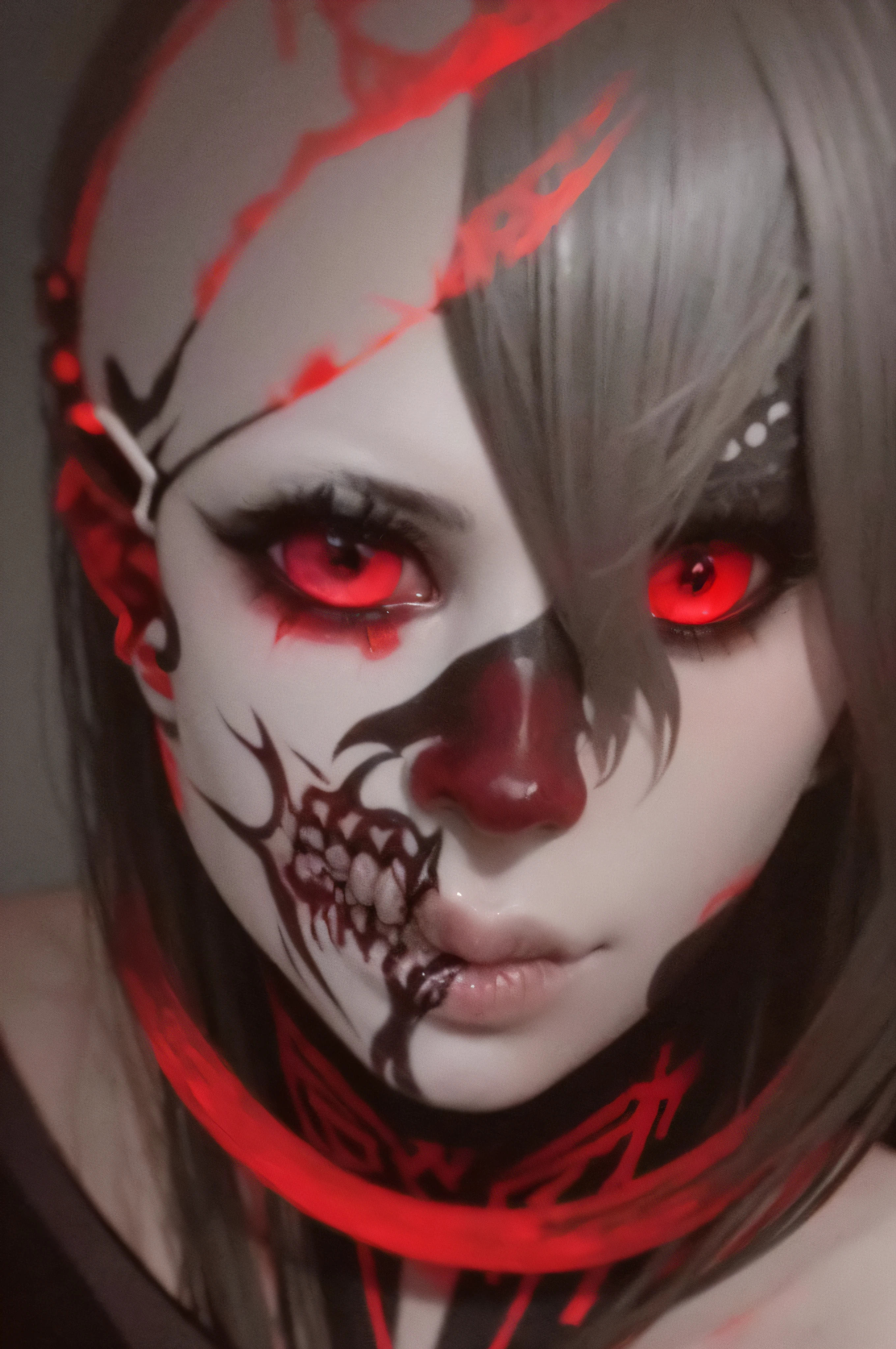 there is a woman with white hair and a creepy face, white scary skin, with glowing red eyes, with red glowing eyes, zombie with white eyes, jeff the killer, ghoul, kaneki ken, pale white face, pale young ghost girl, gapmoe yandere grimdark, gapmoe yandere, scary look, scarry, with a red eyes