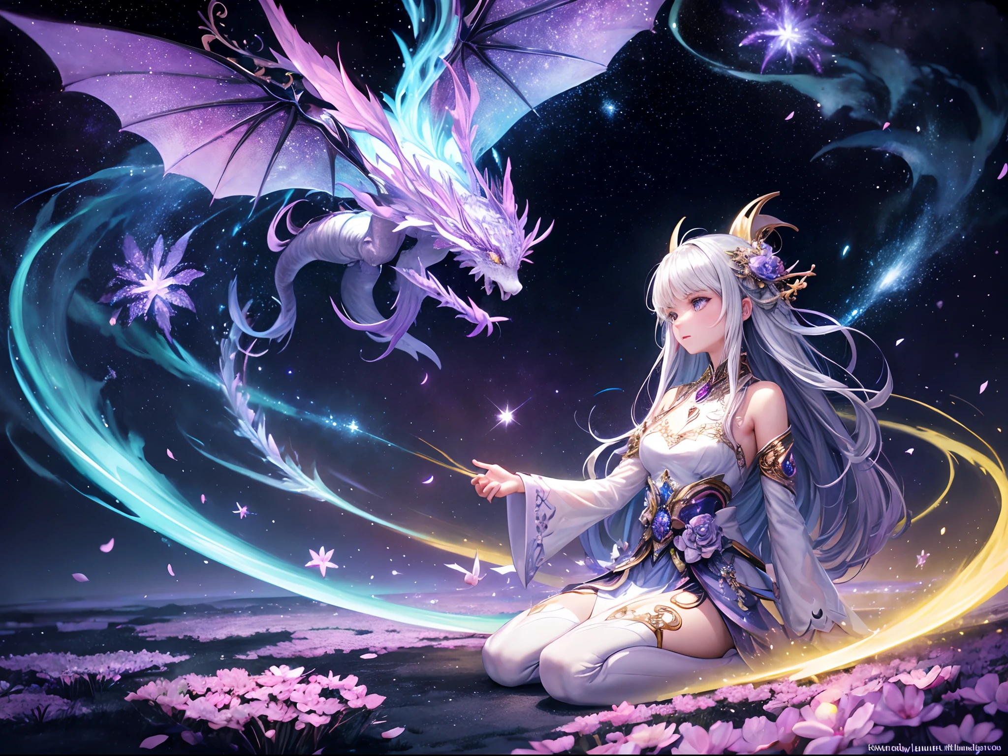 Digital art by IrinaKapi. Stardust and silver purple flower dragon and white sakura, fantastic galactic world, gas aura, galactic atmosphere, female character, radiance and shine of stars, luminescence, fairy-tale atmosphere, surrealism, abstraction, masterpiece, best quality. by Natalia Rak and Natalie Shaw.