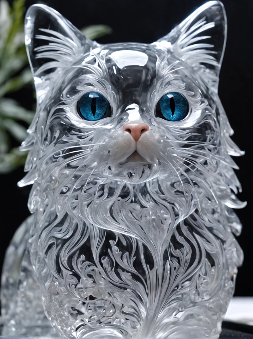 beautiful cat made of ice,All transparent, Hyper-realistic, transparent crystal jelly, icy, extremely detailed and lifelike, 🦑 Design, acrylic, transparent plastic,all displayed , side glance, Intricate details, Beautiful,Transparent eyes, all displayed, Detailed, Frost,Fantasia,masterpiece
