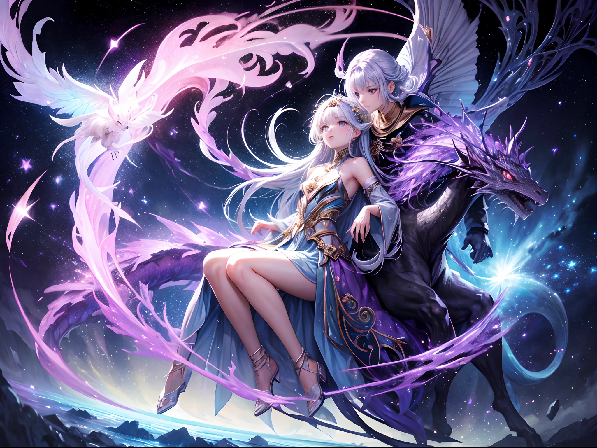 Digital art by IrinaKapi. Stardust and silver purple flower dragon and white sakura, fantastic galactic world, gas aura, galactic atmosphere, female character, radiance and shine of stars, luminescence, fairy-tale atmosphere, surrealism, abstraction, masterpiece, best quality. by Natalia Rak and Natalie Shaw.