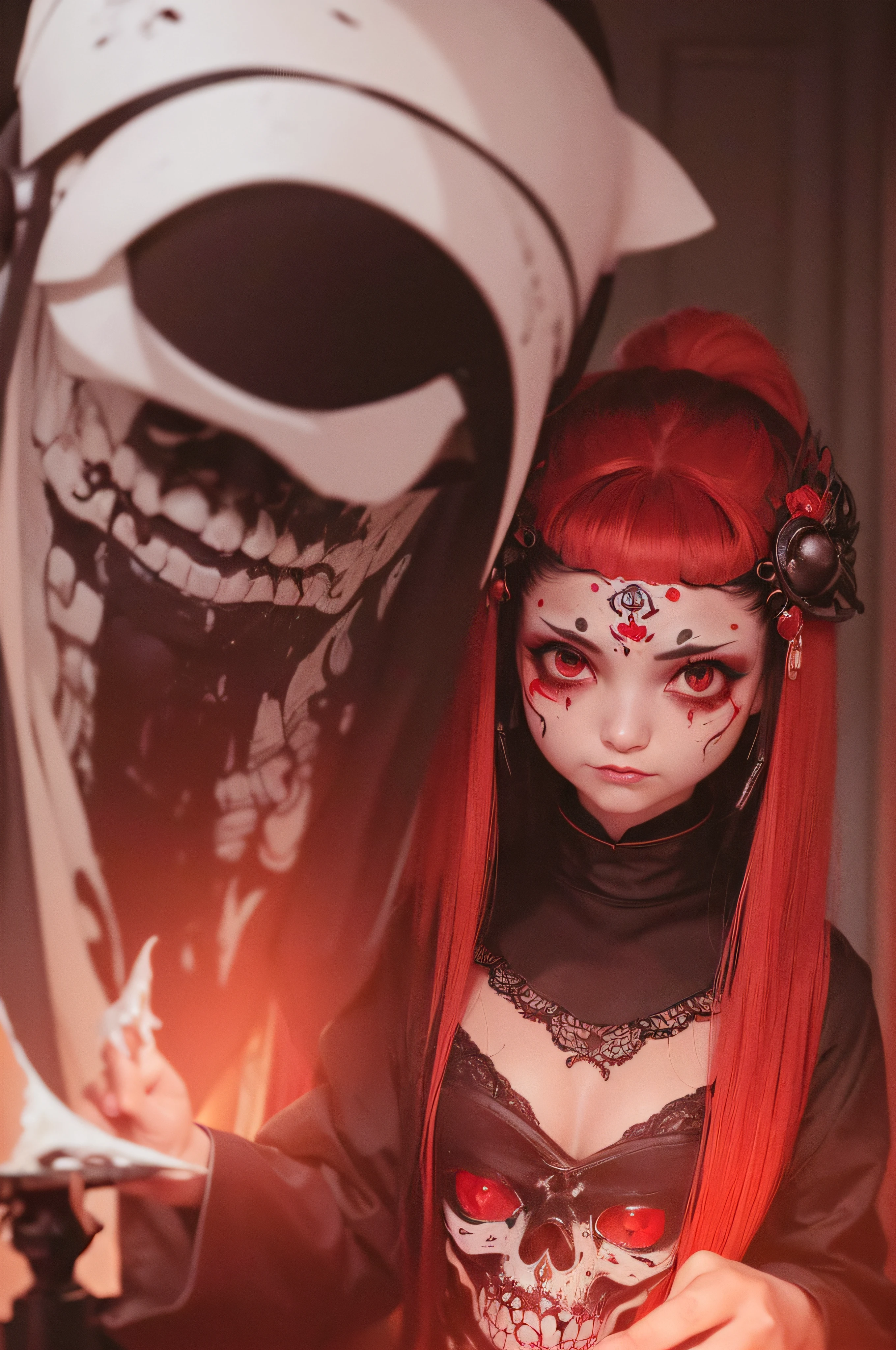 official art, unity 8k wallpaper, ultra detailed, beautiful and aesthetic, High quality, beautiful, masterpiece, best quality, (zentangle, mandala, tangle, entangle:0.6), low contrast, a cute red haired girl with green eyes and black horns serving cake to demons, pink, bright pastel colors, kawaii, (horror), eerie, rabbit skull, goat skull, in hell, creepy, demons, claws, best lighting