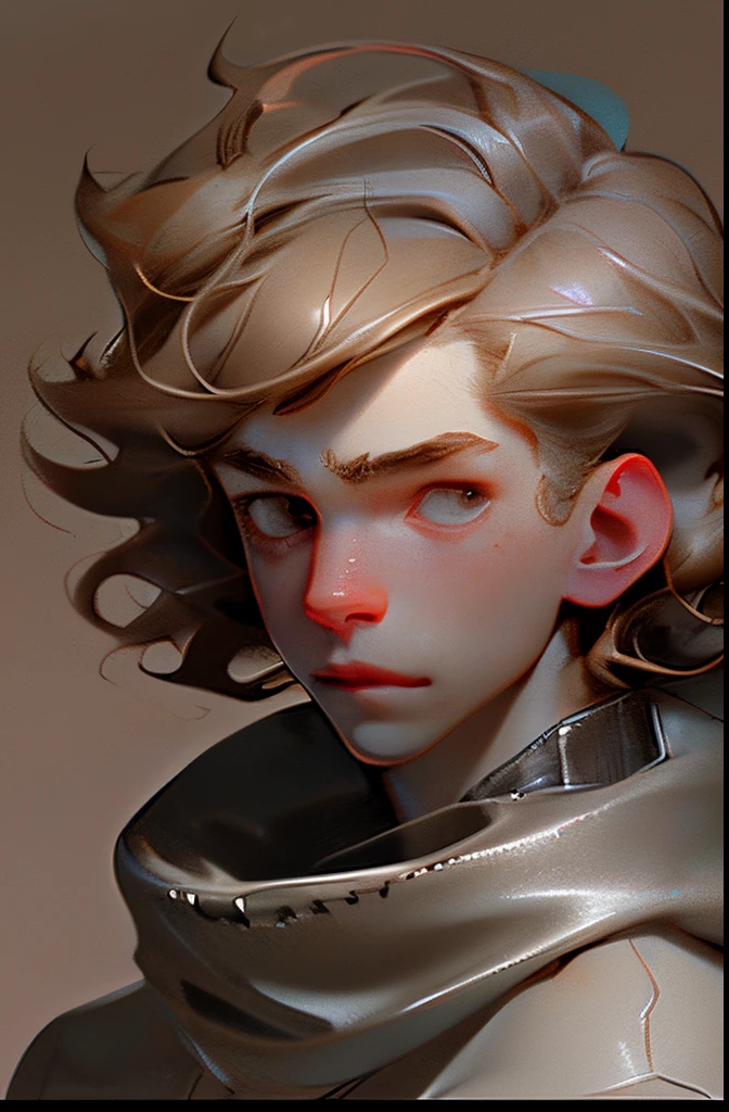 A headshot of a pale boy. He has soft brown eyes, and a soft frown. His choppy hair is a light brown with silver mixed in. he has on large headphones hanging on his neck.