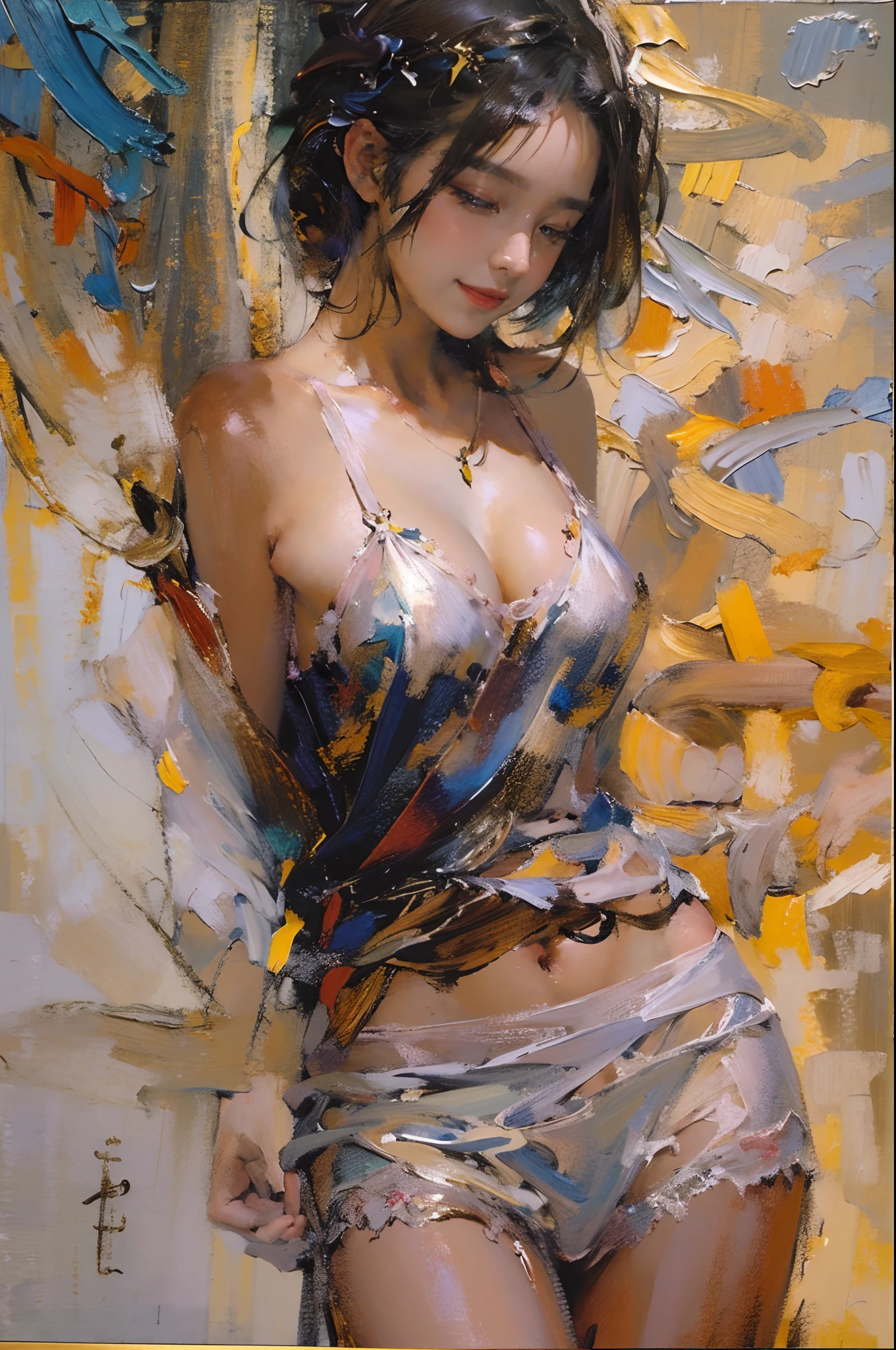 tmasterpiece, high qulity, illustratio, your name movie style, A woman is, Duan, casa, Bitchsuit, Undress, standing back, Close her eyes, Smiling, closeup cleavage,(Fechin oil painting - Fechin oil painting , oil painted), 00