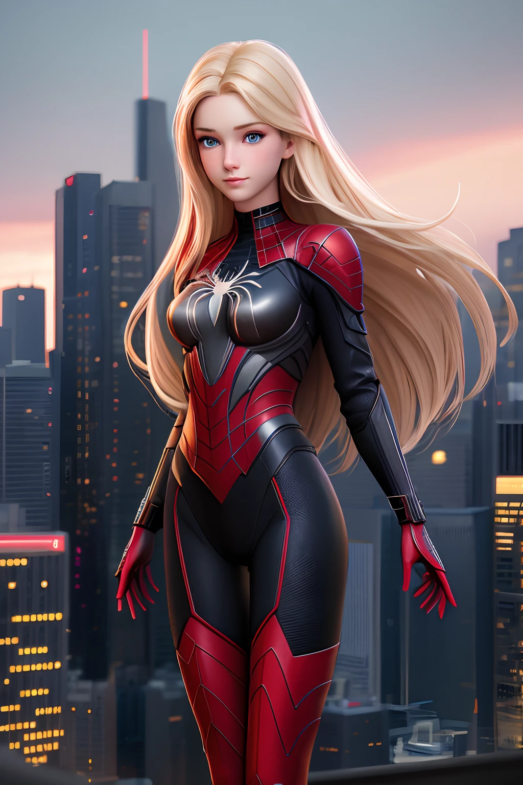 close up 1girl in, teenager, Solo, Aesthetic artwork, blond, straight blonde hair, super long blonde hair, light blue eyes, some small freckles, pale skin, A-cup, small breasts, runners body, (thin hips, thin waist: 1.25), detailed skin, shy smile, (action shot falling: 1.25), She wears Spider-Man suit, red and black color scheme, spider, very detailed city roof background, rooftop, overlooking the city, 50mm, 4k textures, soft cinematic light, RAW intricate, elegant, highly detailed, sharp focus, ((((cinematic look)))), soothing tones, insane details, intricate details, hyperdetailed, low contrast, soft cinematic light, dim colors, exposure blend, hdr, faded
