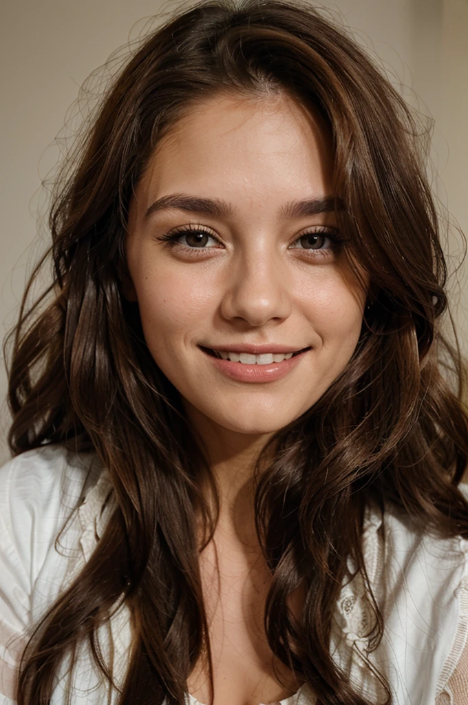 Realistic female half-length portrait, Woman with long brown curly hair, green eyes, and a gentle smile, Wearing a white shirt with ruffled sleeves, The environment is bright, simple studio，Features soft natural light, The atmosphere is peaceful and intimate, Capture the warm and approachable temperament of women, photography, a high-resolution DSLR，Equipped with soft focus lens，enhance intimacy, --with 1:1 --v 5.0 50 --s 2