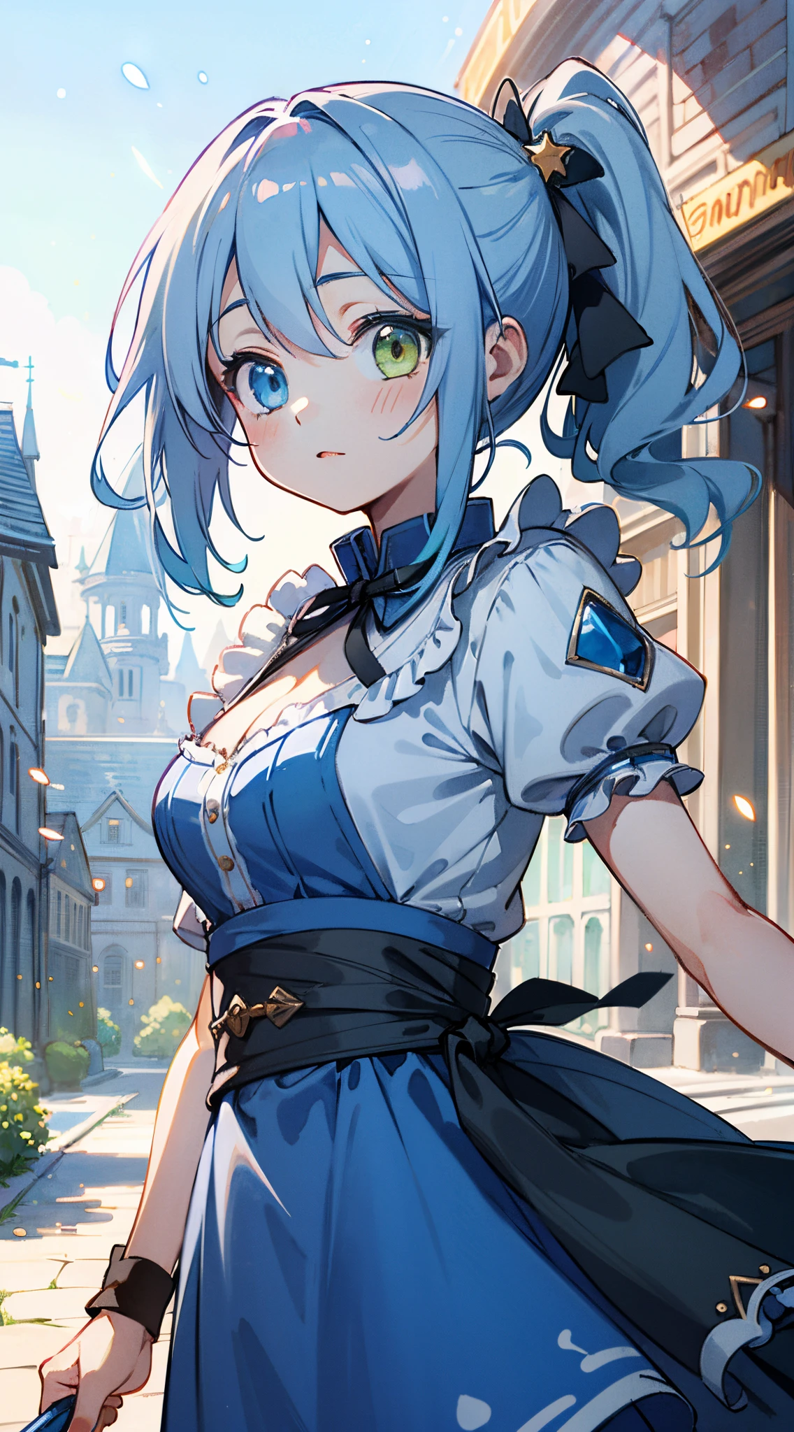masutepiece,Bart Quality,Colorful pastels in absurd high resolution, (Watercolor art: 1.3), (Selective Fairness: 1.4),
BREAK,
1 person,Solo,(Cute:1.5),(Chibi:0.6),(kawaii:1.5),(Lori:0.5),( girl),Very detailed,colourfull,highest details,Clear skin,Beautiful skin,Shy,Very detailed,colourfull,highest details,Clear skin,Beautiful skin,Shy skin,1 beautiful girl,{Heterochromia,pale blue eyes,pale green eyes:1.9},star eye silhouette, BREAK,(pale blue hair, Medium length:1.4),(Side Ponytail,A little curly hair,Single-sided twisted blade,Princess Cut:1.3),(cleavage of the breast,Large breasts,Beautiful , gleaming skin,Clear skin, Beautiful skin,(best quality face),(Top quality glowing eyes), BREAK ,(Vivid colors:1.3), ((Dark Brown Color Alice Band Ribbon)), Purple eyes,Blue dress with white apron,
Romper,(early evening),Walking, (Fantasy,castle and town:1.5),(castle town,Beautiful building:1.3),(a person々way of life),(Flowers, Trees, Nature:1.3),romantic,(shopping street,street vendors:1.2),(Blue sky), Waterfall,depth of fields,
BREAK,wakame,wakame,wakame,(Dynamic Angle:1.4),
BREAK,(Blurry background:1.3),(absurderes, hight resolution, Super Detail Art),cel shading,Clear Color, Lonely optical effect, Beautiful pictures, Bright glow, mystic atmosphere,(Close-up of girl:1.1), Mystical light particle effect,manga influence, clean line drawings,