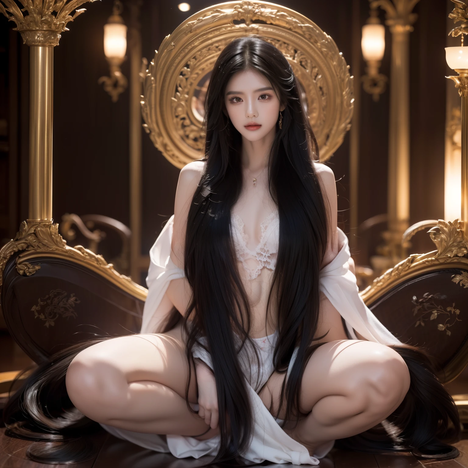 (Top image quality、top-quality、Top resolution、hyper realistic photography、Full body photo、​masterpiece、16ｋ、）1girl in、Surprisingly long black hair is super beautiful、hair length about 3 meters、White underwear or naked、Hide the whole body with straight black hair、Very beautiful face、well-groomed beautiful black hair、very large amount of hair、Ultra-long black hair with an emphasis on sex appeal as a woman、slim figure、Lustrous beautiful hair、Bright lighting、profetional lighting、Winner of the World Long Hair Contest、Full body real photo、Head-to-toe photo、Photo taken from about 4 meters away、Super Real、Two hands、2 legs、The longest black hair in the world、Hair is heavy and tired、Hair longer than Rapunzel、very large amount of hair、I hide my whole body with very long black hair、Hair that is shampooed every day is very clean、Hair smells of roses、Very long black hair is my sex appeal、Very long black hair is my charm、Long black hair is a symbol of beauty、My pride is very long black hair、This long hair length and amount is admired all over the world、My very long black hair is spread out in a fan shape、Facing backwards、Sleeping face down、Silky black hair flowing from the shoulders to the floor、Ridiculously large amount of hair、The hair is ridiculously bushy、Wrap the entire bed in hair、Hide my hands with long hair、Hide my fingers with long hair、A storm of an