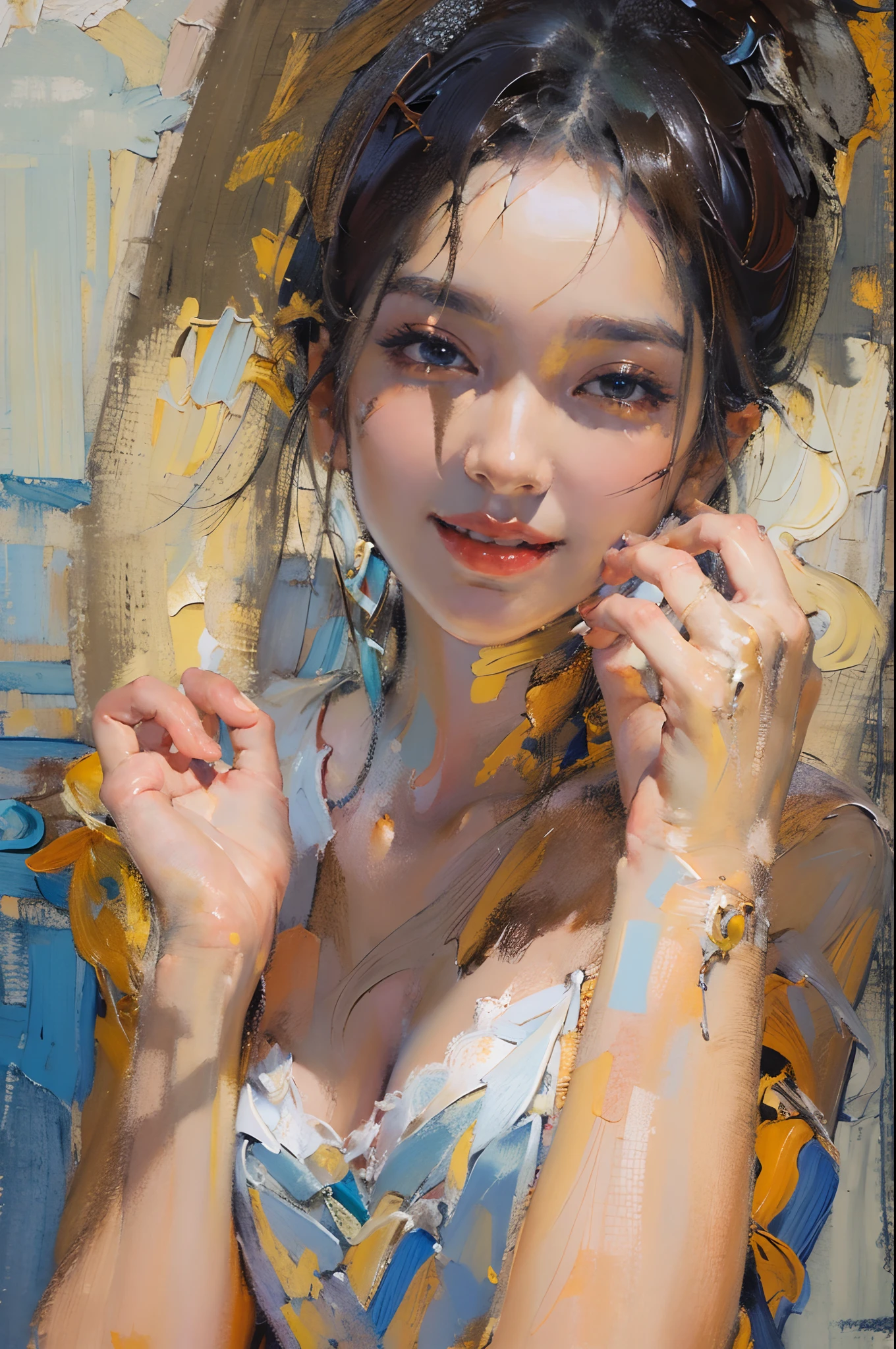 tmasterpiece, high qulity, illustratio, your name movie style, A woman is, Duan, casa, Bitchsuit, Undress, standing back, Close her eyes, Smiling, closeup cleavage,(Fechin oil painting - Fechin oil painting , oil painted), 001