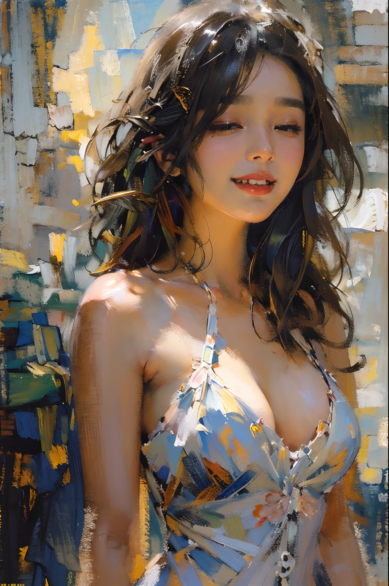 tmasterpiece, high qulity, illustratio, your name movie style, A woman is, Duan, casa, Bitchsuit, Undress, standing back, Close her eyes, Smiling, closeup cleavage,(Fechin oil painting - Fechin oil painting , oil painted), 001