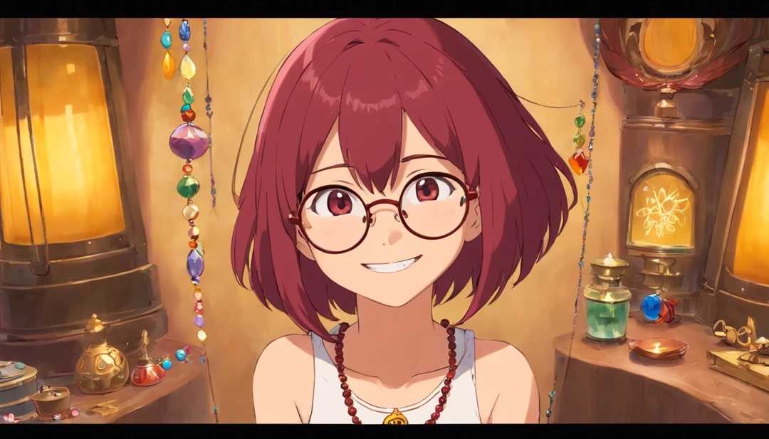 1 girl, jewelry, bead necklace, tank top, smile, gorgeous face, no background, maroon hair, cute hair accessories, bangs, glasses