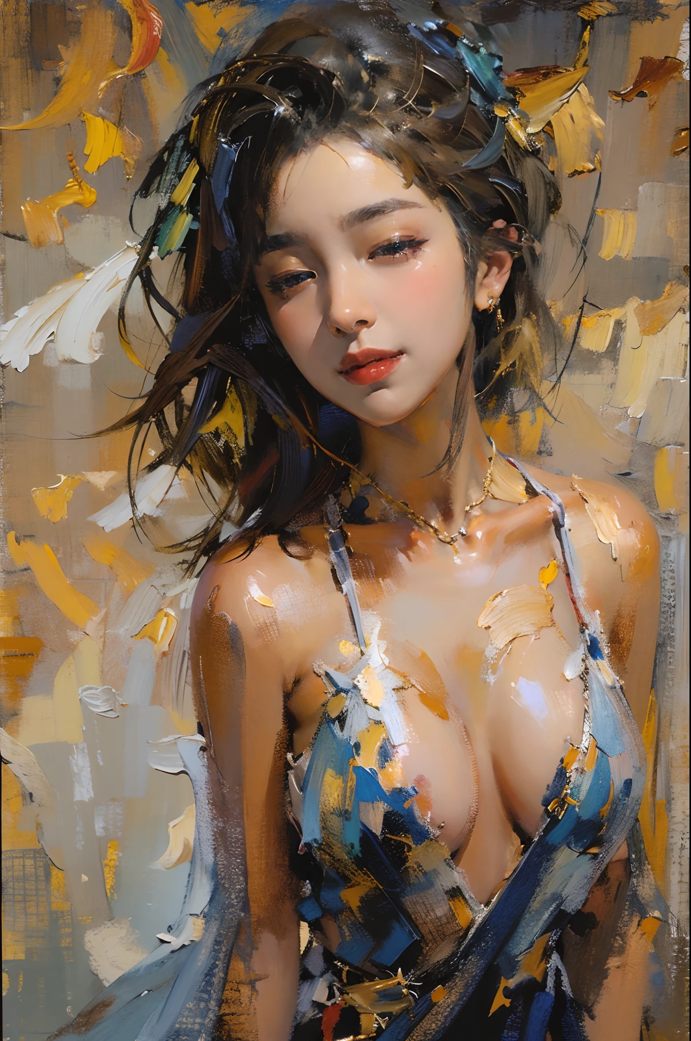 tmasterpiece, high qulity, illustratio, your name movie style, A woman is, Duan, casa, Bitchsuit, Undress, standing back, Close her eyes, Smiling, closeup cleavage,(Fechin oil painting - Fechin oil painting , oil painted), 001