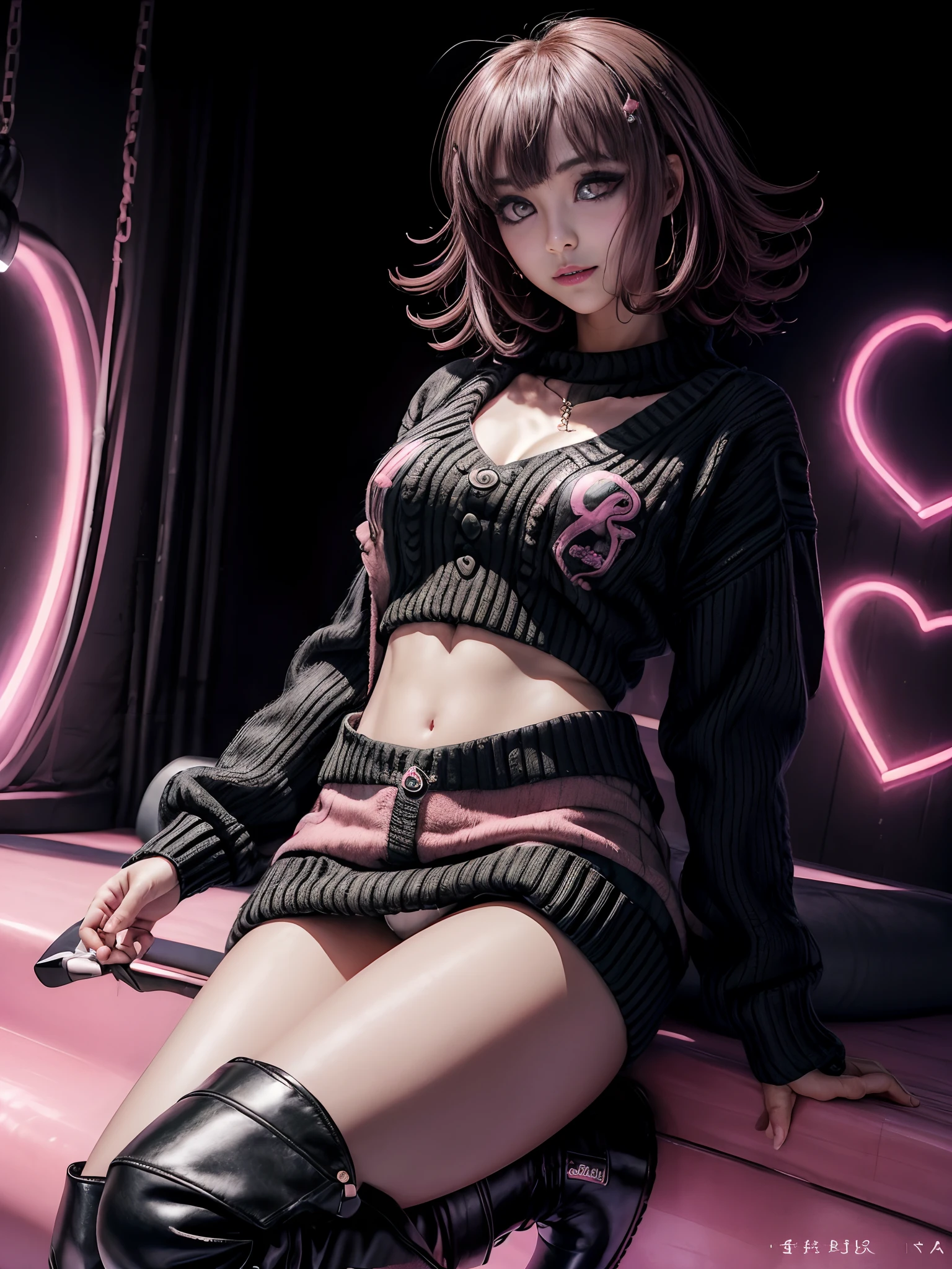 Chiaki nanami en una rave, mirando al espectador con una sonrisa seductora, confiado, club nocturno, Neon lights, Pelo corto rosa, ojos rosados, flequillo, Traje de e-girl, (((Recortar arriba, oversized sweater, falda a cuadros, Bota de combate negra, delineador de ojos alado, Heart-shaped seal, gargantilla, cadena de correa))), 20 yrs old girl,Chiaki Nanami, Nanami Chiaki