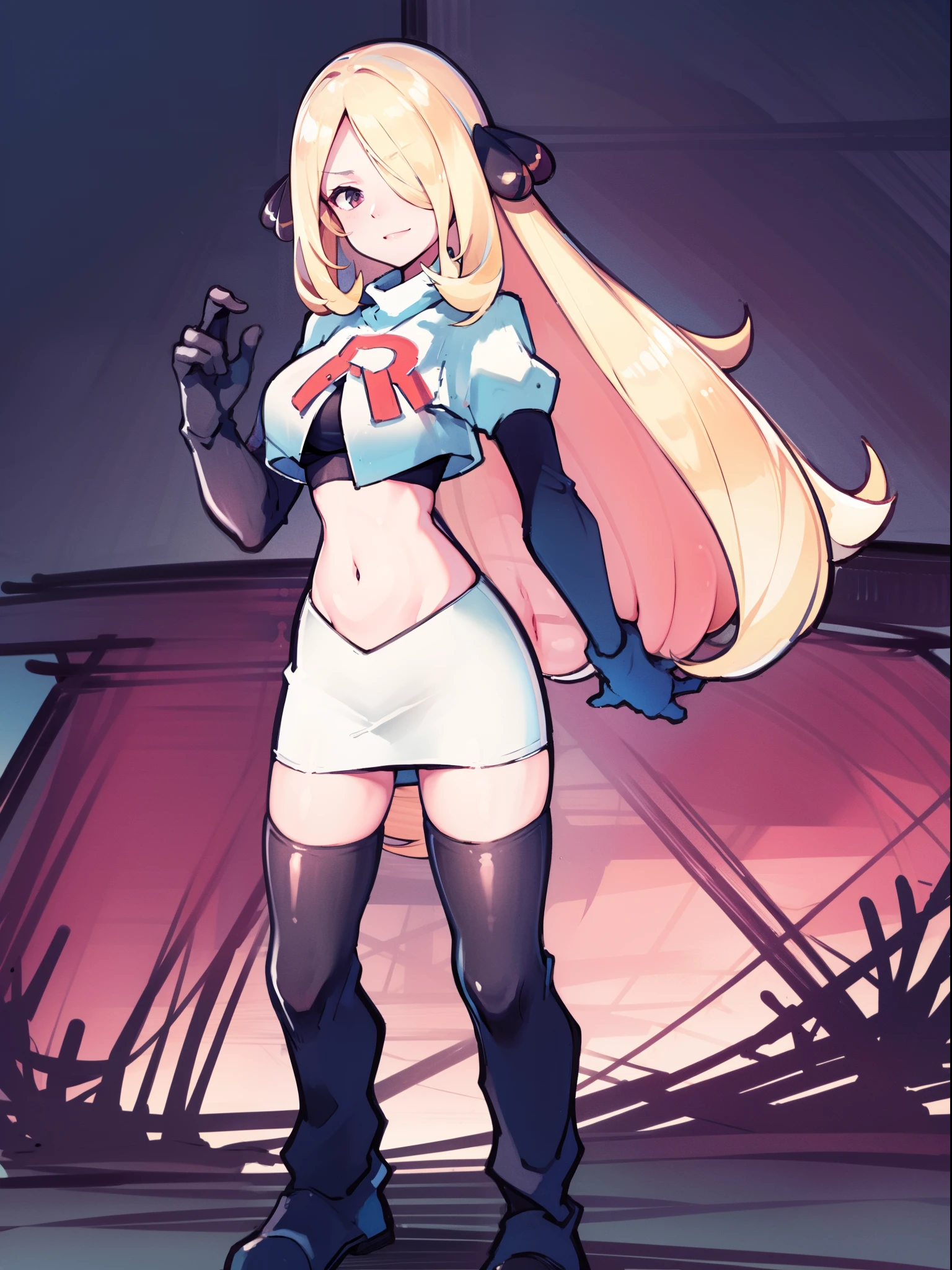 (best quality) BREAK cynthia \(pokemon\),team rocket,team rocket uniform,white skirt,crop top,black thigh-high boots,black elbow gloves,