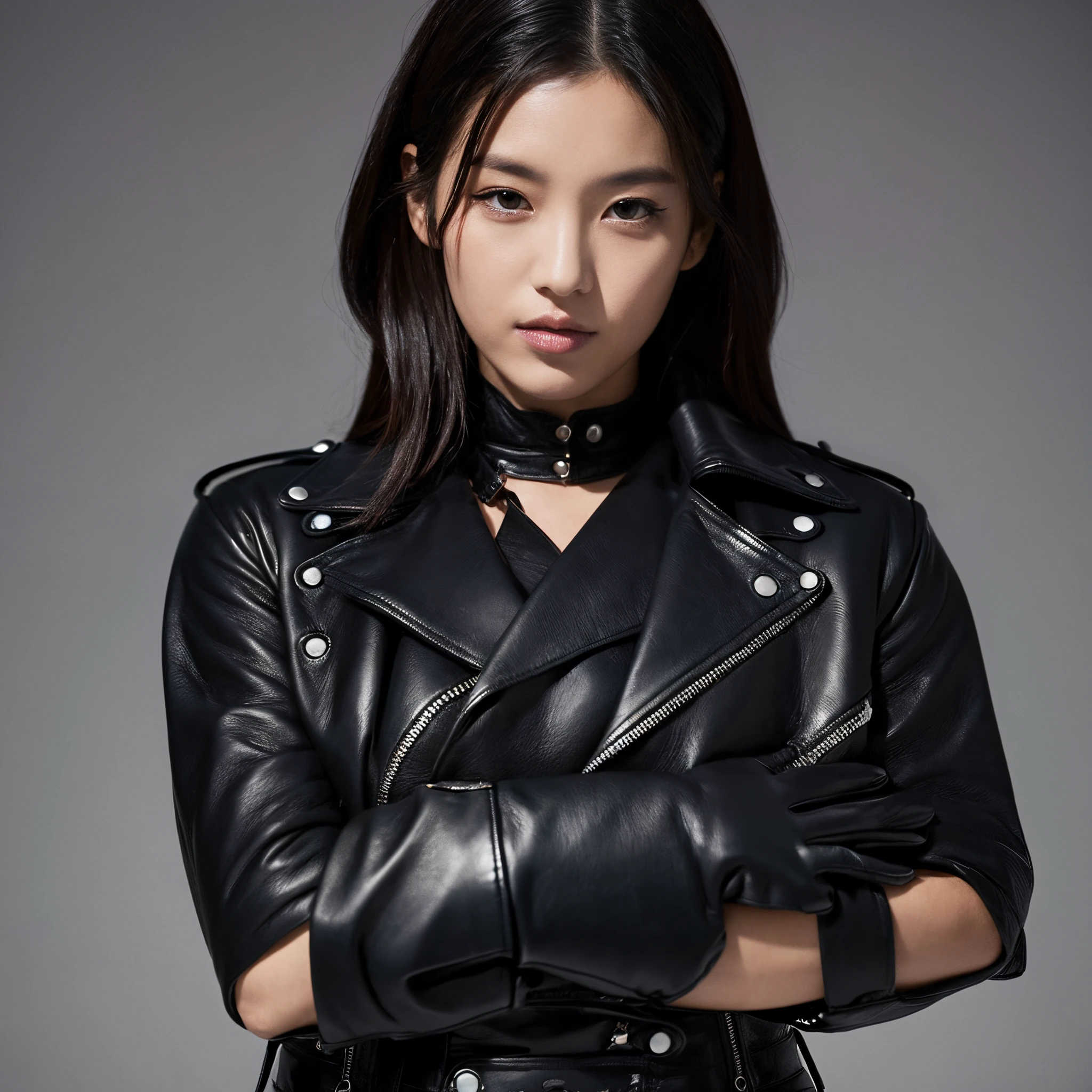 A mysterious woman wearing black leather gloves and a black leather rider's jacket.