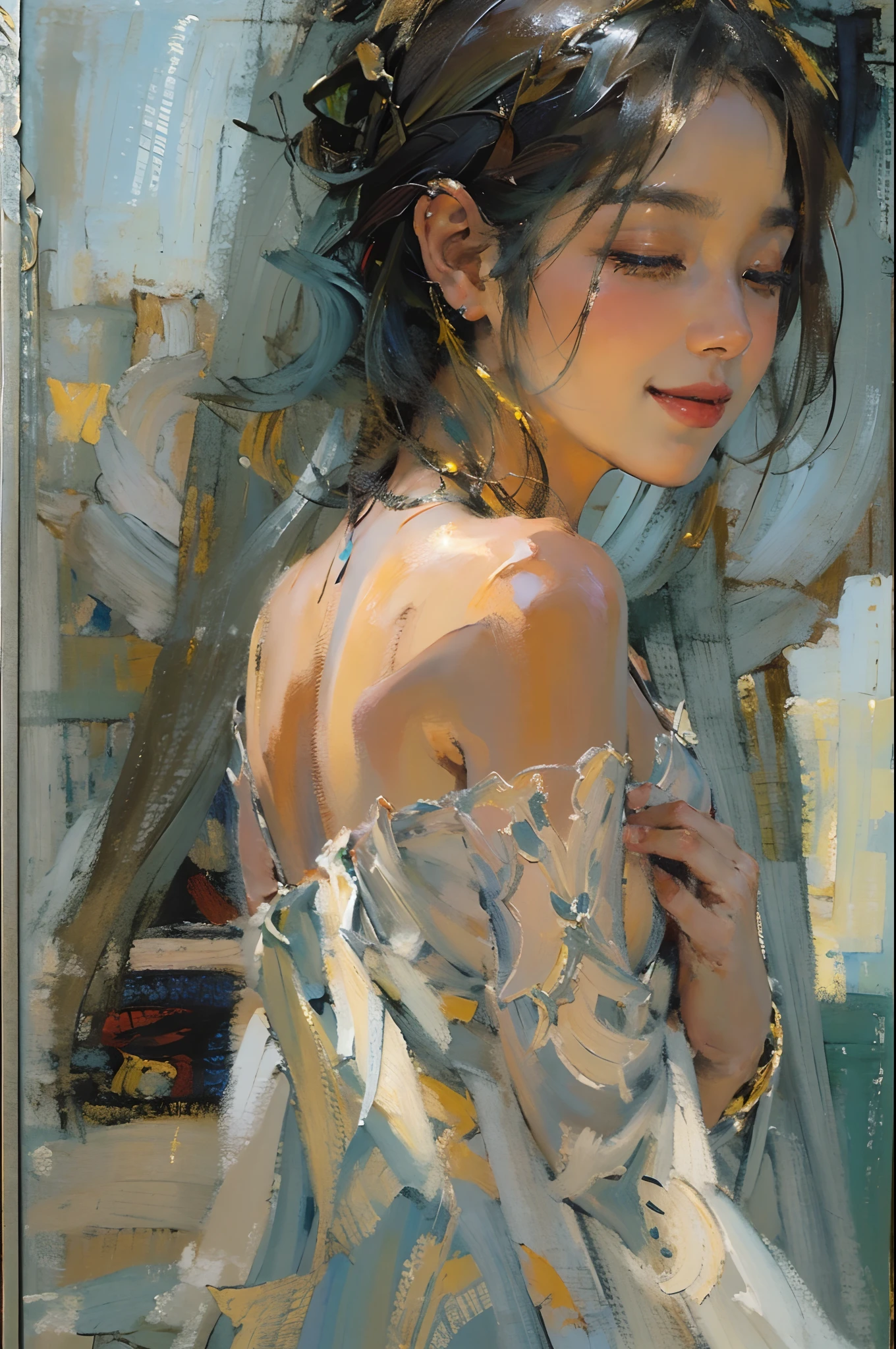 tmasterpiece, high qulity, illustratio, your name movie style, A woman is, Duan, casa, Bitchsuit, Undress, standing back, Close her eyes, Smiling, closeup cleavage,(Fechin oil painting - Fechin oil painting , oil painted), 002