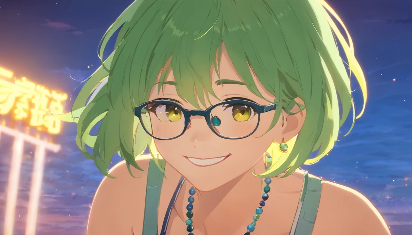 1 girl, jewelry, bead necklace, tank top, smile, gorgeous face, no background, green-yellow hair, cute hair accessories, bangs, glasses,