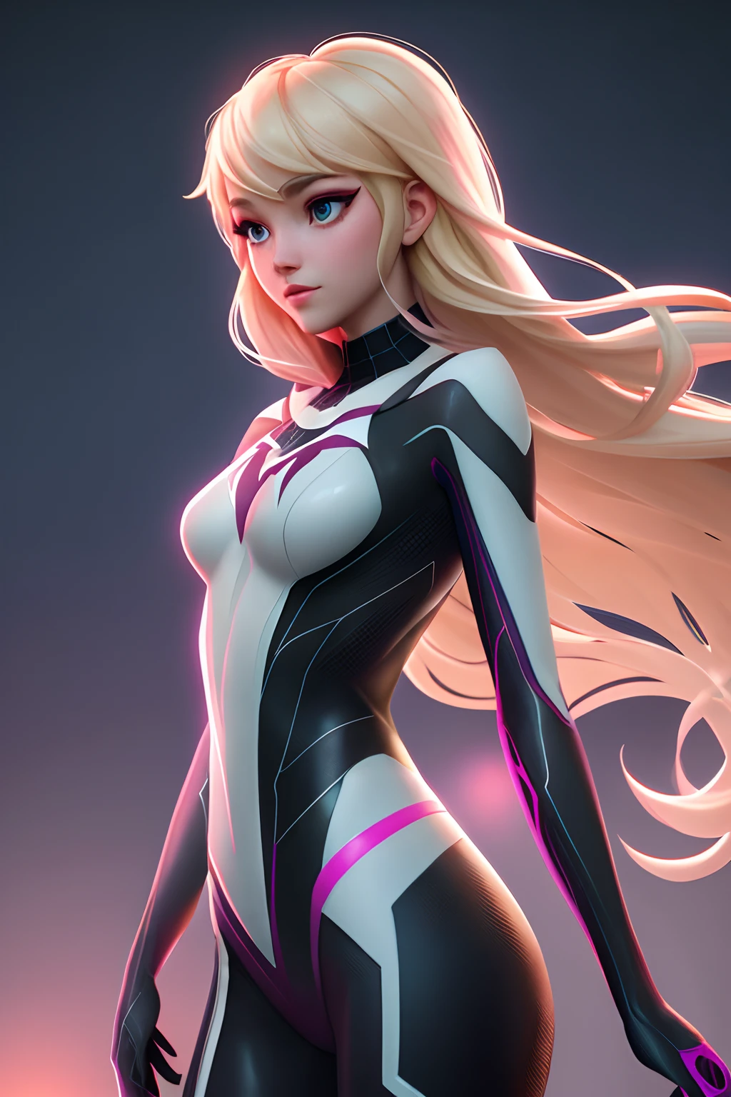 close up 1girl in, ager, Solo, Aesthetic artwork, blond, straight blonde hair, super long blonde hair, light blue eyes,  some small freckles, pale skin, A-cup, small breasts, runners body, (thin hips, thin waist: 1.25), detailed skin, shy smile, (action shot falling: 1.25), ((She wears Spider-gwen suit from into the spider verse)), pink and black color scheme, spider, very detailed city roof background, rooftop, overlooking the city, 50mm, 4k textures, soft cinematic light, RAW intricate, elegant, highly detailed, sharp focus, ((((cinematic look)))), soothing tones, insane details, intricate details, hyperdetailed, low contrast, soft cinematic light, dim colors, exposure blend, hdr, faded
