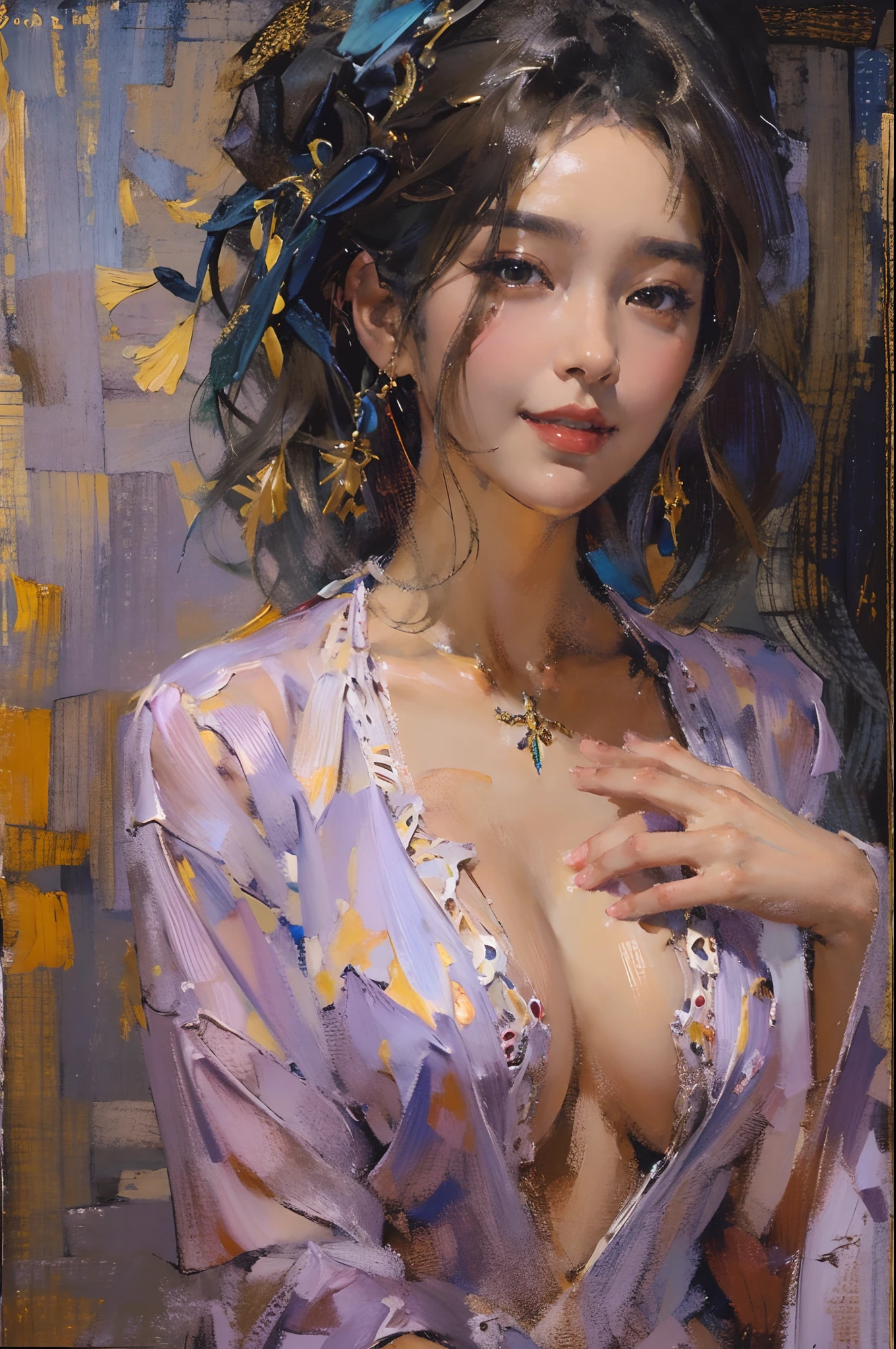 tmasterpiece, high qulity, illustratio, your name movie style, A woman is, Duan, casa, Bitchsuit, Undress, standing back, Close her eyes, Smiling, closeup cleavage,(Fechin oil painting - Fechin oil painting , oil painted), 003