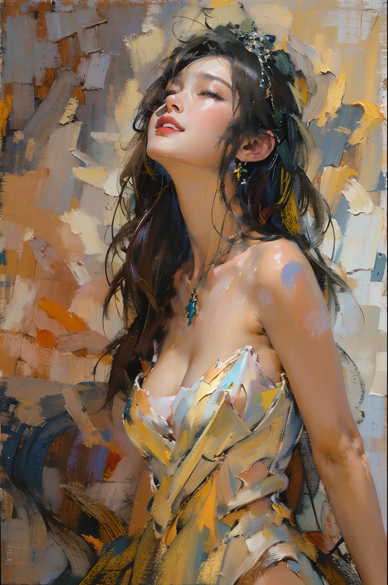 tmasterpiece, high qulity, illustratio, your name movie style, A woman is, Duan, casa, Bitchsuit, Undress, standing back, Close her eyes, Smiling, closeup cleavage,(Fechin oil painting - Fechin oil painting , oil painted), 003