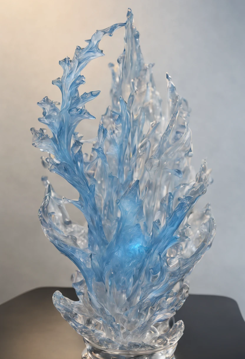 flame-shaped ice,All transparent, photoRealstic, transparent crystal jelly, icy, extremely detailed and lifelike, designs, acrylic, transparent plastic,all displayed , side glance, Intricate details, Beautiful,light blue and white, all displayed, Detailed, Frost,Fantasia,​masterpiece,