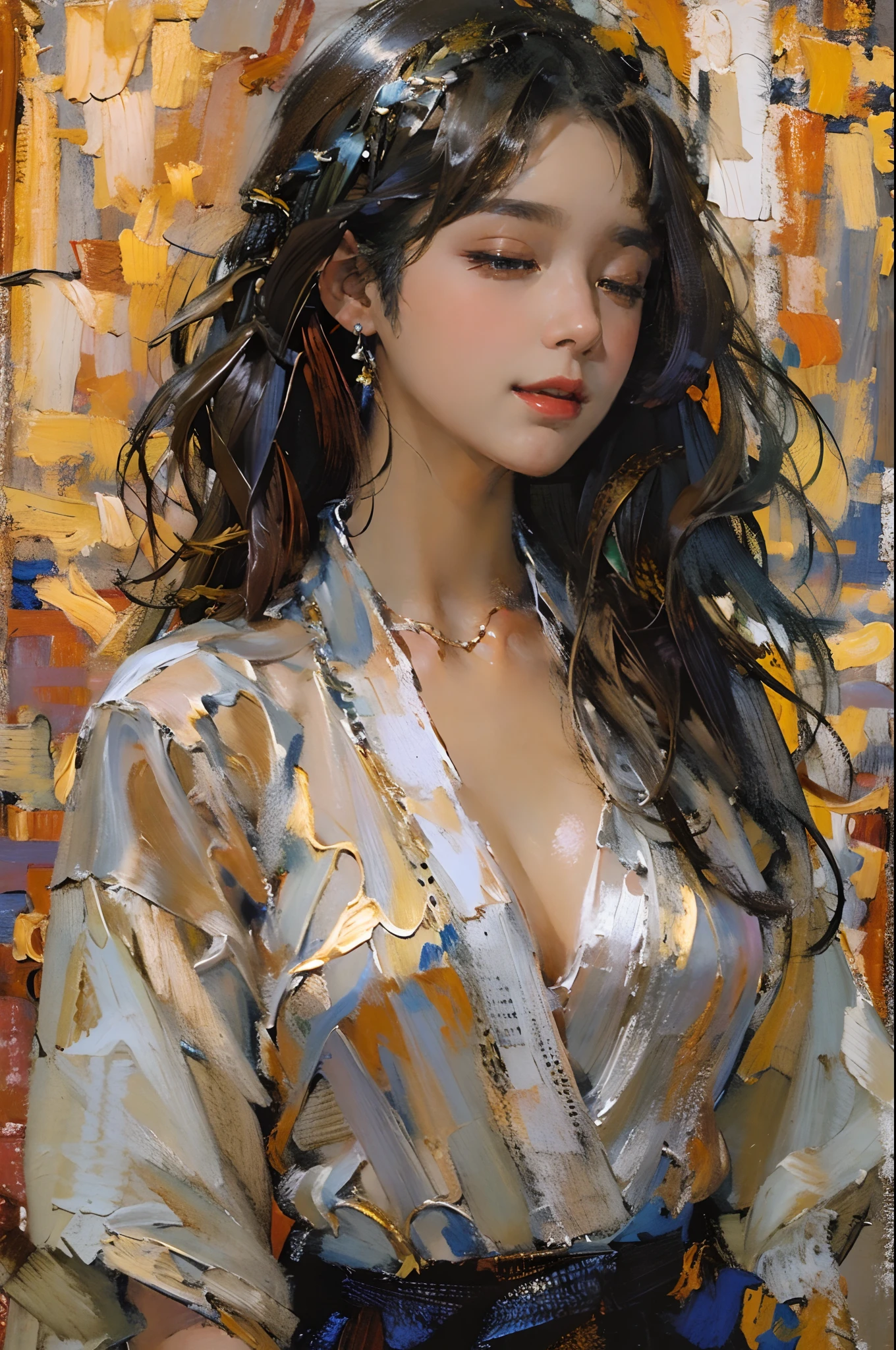 tmasterpiece, high qulity, illustratio, your name movie style, A woman is, Duan, casa, Bitchsuit, Undress, standing back, Close her eyes, Smiling, closeup cleavage,(Fechin oil painting - Fechin oil painting , oil painted), 004