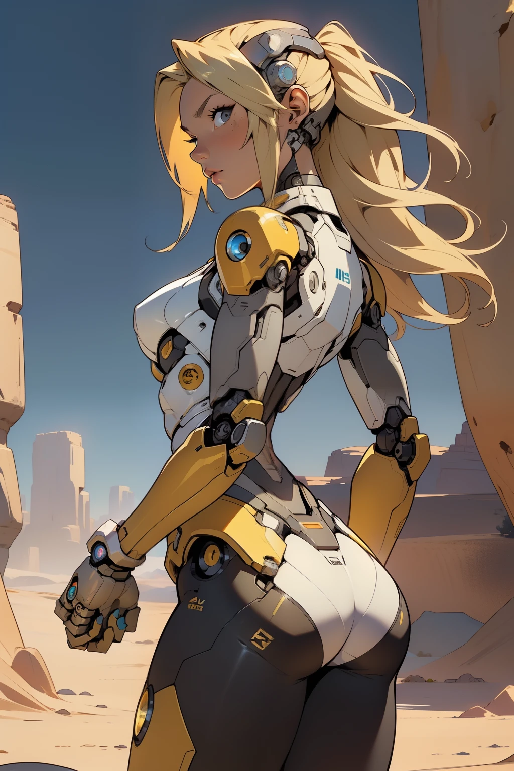 high quality, 4k, masterpiece, beautiful, cyborg girl, cowboy shot, blue eyes, back side, turning around to look at viewer, long blonde hair, girl, small breasts, fit thighs, robotic arms, robotic body, cyborg body, white & yellow uniform, orange accent, intricate detail, joint, detailed lines, robotic detail, holding fist up, holding hand up as fist, color robotic parts, robotic parts with color, perfect fingers, on a desert planet, sunny background, colorful desert, a river or a lake in the background, slender thighs, skinny thighs,