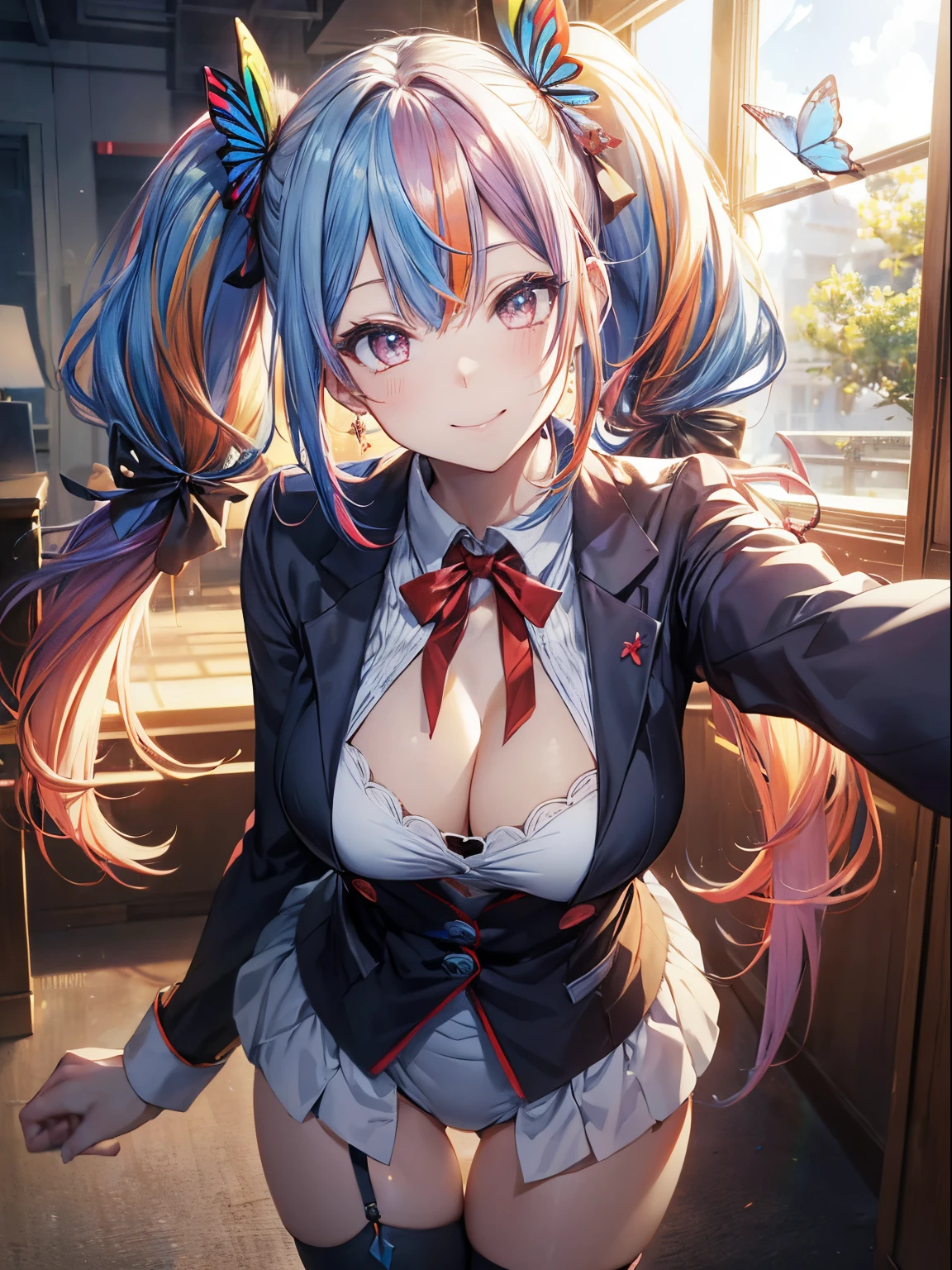 Doing work、At work、(masutepiece:1.3), (8K, Photorealistic, Raw photo, Best Quality: 1.4), Beautiful face, (Realistic face), Beautiful detailed eyes, (Realistic skin), Attractive, Intricate details,Golden ratio, 1 girl,A smile, (rainbow hair:1.4),((Long twintails,Ribbon 1.4)),android girlfriend(Red point color),(Blue butterfly hair ornament),android、机器人、makina,the morning sun,Dynamic Pose,Dynamic Angle,Intricate details, Hyper realistic, Perfect Anatomy、A smile、Smiling、Face enhancement