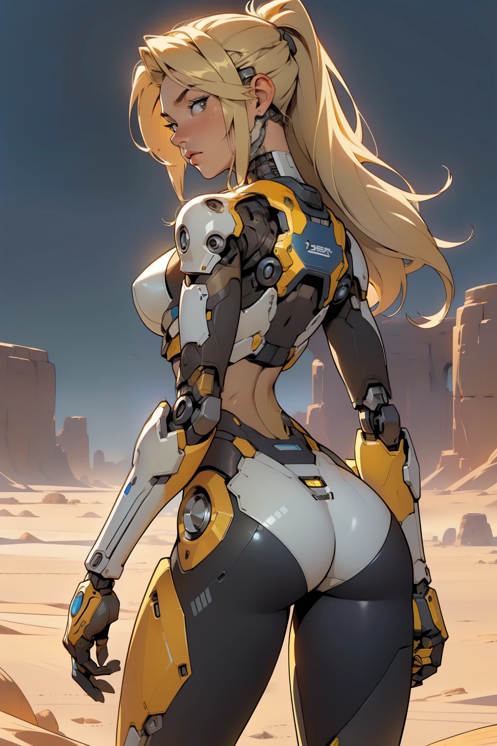 high quality, 4k, masterpiece, beautiful, cyborg girl, cowboy shot, dull eyes, back side, turning around to look at viewer, long blonde hair, girl, small , fit thigh, robotic arms, robotic body, cyborg body, yellow accent, redaccent, intricate detail, joint, detailed lines, robotic detail, holding fist up, holding hand up as fist, color robotic parts, robotic parts with color, perfect fingers, on a desert planet, sunny background, colorful desert,