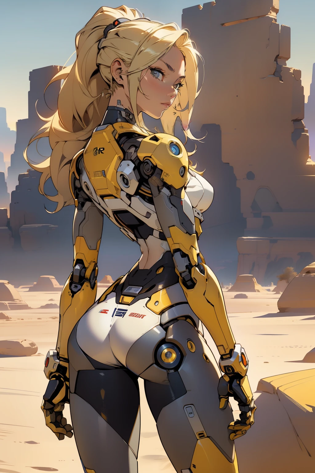 high quality, 4k, masterpiece, beautiful, cyborg girl, cowboy shot, dull eyes, back side, turning around to look at viewer, long blonde hair, girl, small breasts, fit thigh, robotic arms, robotic body, cyborg body, yellow accent, redaccent, intricate detail, joint, detailed lines, robotic detail, holding fist up, holding hand up as fist, color robotic parts, robotic parts with color, perfect fingers, on a desert planet, sunny background, colorful desert,
