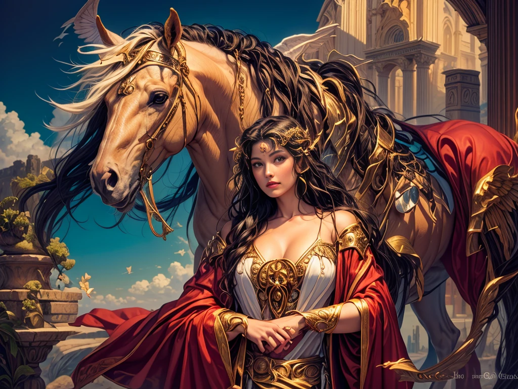 A portrait of a woman in high definition, com cavalo ((um cavalo)), em 8K de um mulher anjo de 18 anos, ((  angel with several majestic wings,)), Deus do Mar, Deus do Oceano, Luthien, arte de deus, Deus da mitologia grega, Deus da Lua, Deus do amor e da paz, deus bonito, Mitologia do Deus da Terra, o deus Eros, Um retrato impressionante de um deus, Frank Kelly Freas, Estilo Karol Bak, ((beautiful face)), Ultra Definition, melhor qualidade, 32k ultra | | | | | | | | | | | | | | | | | | | | | | | | | | , Ultra HD | | | | | | | | | | | | | | | | | | | | | | | | | |