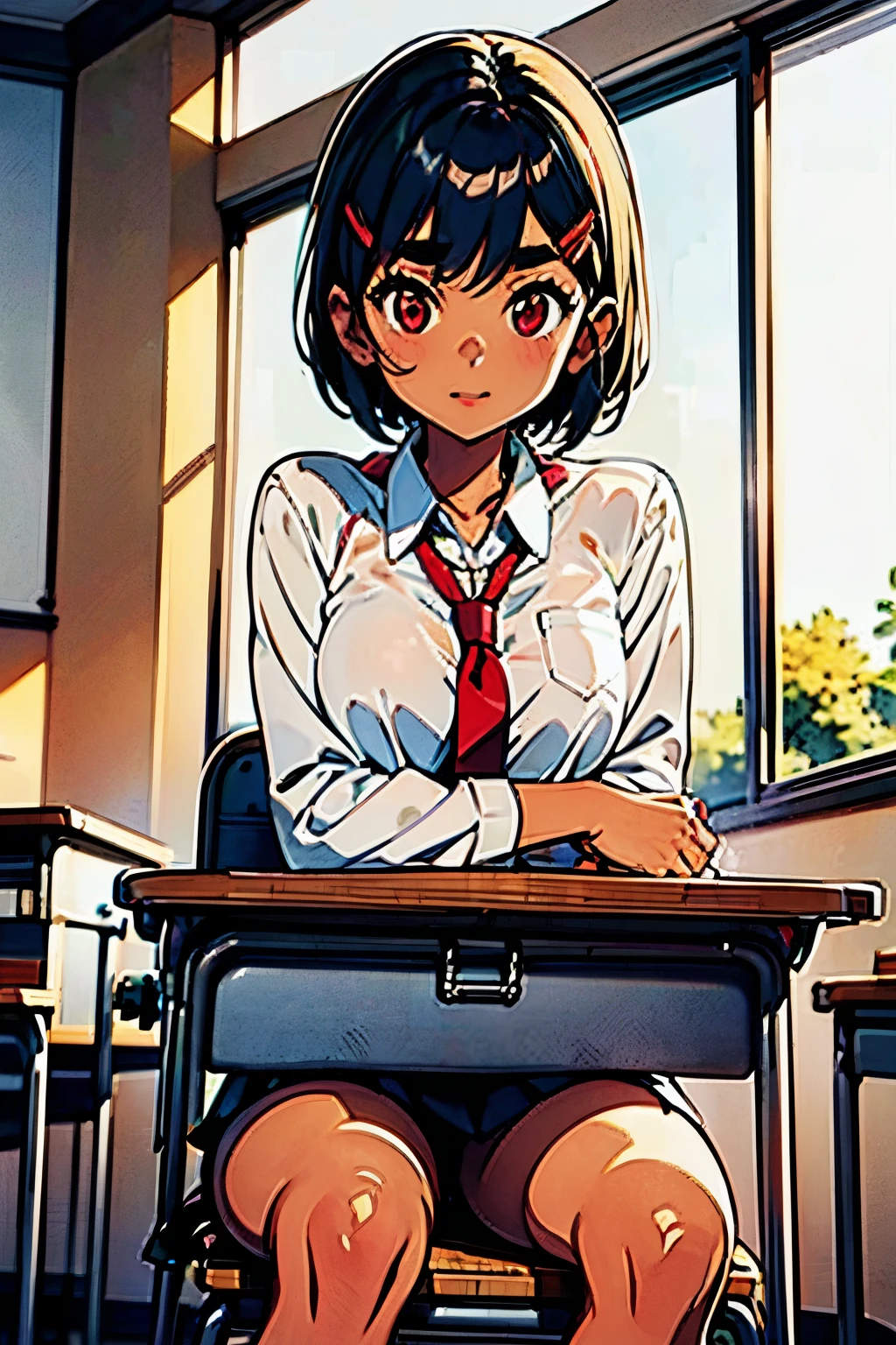 1girl, sitting school chair, classroom, classroom desk, classroom chairs, school desk, school chair, During class, desk and chair set, A set of school desk and school chair, TSLS, short hair, black hair, blue inner hair, tsurime, red hairclip, red eyes, thick eyebrows, dark skin, large brests, ((upper body)), ((sitting school chair)),