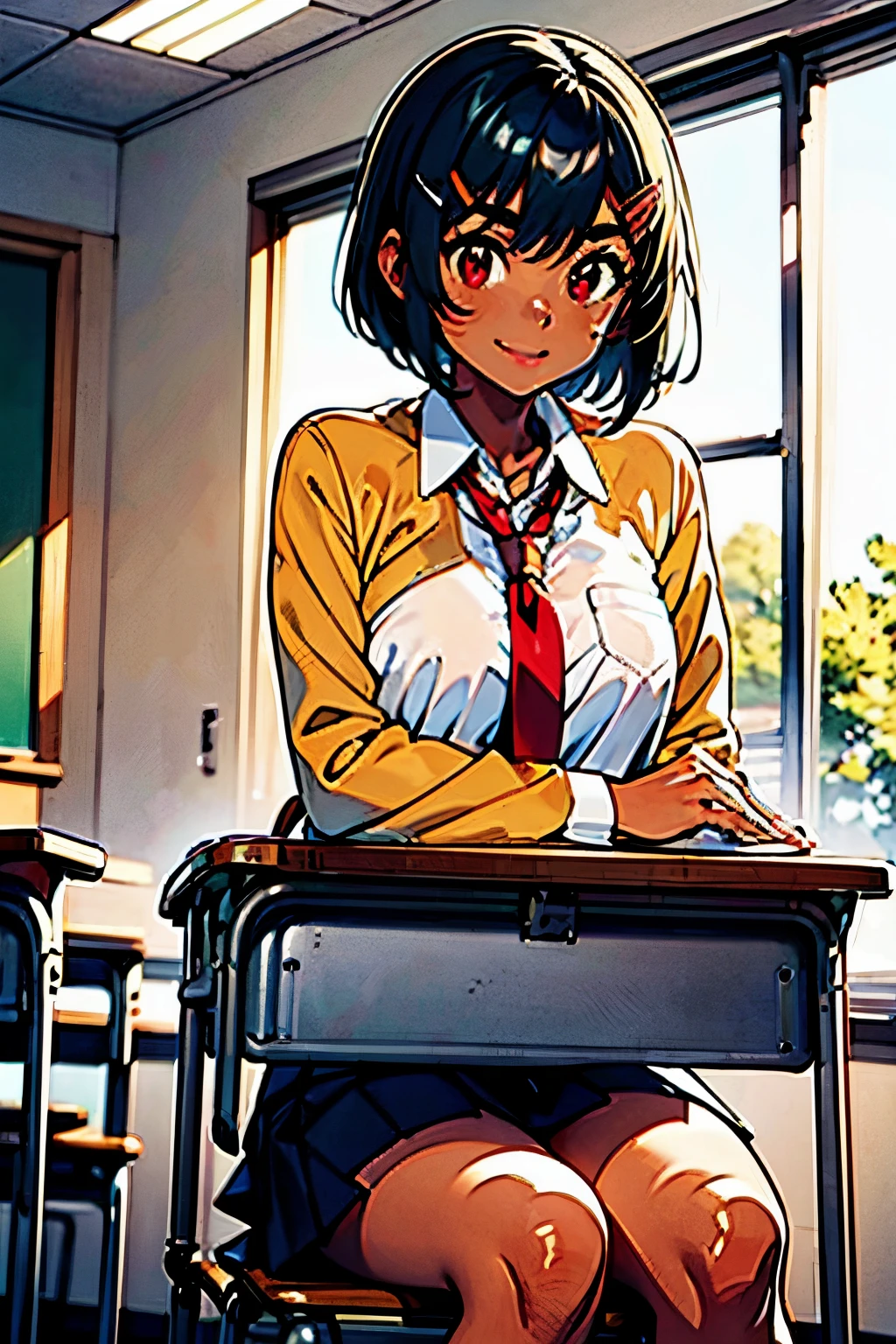 1girl, sitting school chair, classroom, classroom desk, classroom chairs, school desk, school chair, During class, desk and chair set, A set of school desk and school chair, TSLS, short hair, black hair, blue inner hair, tsurime, red hairclip, red eyes, thick eyebrows, dark skin, large brests, ((upper body)), ((sitting school chair)),