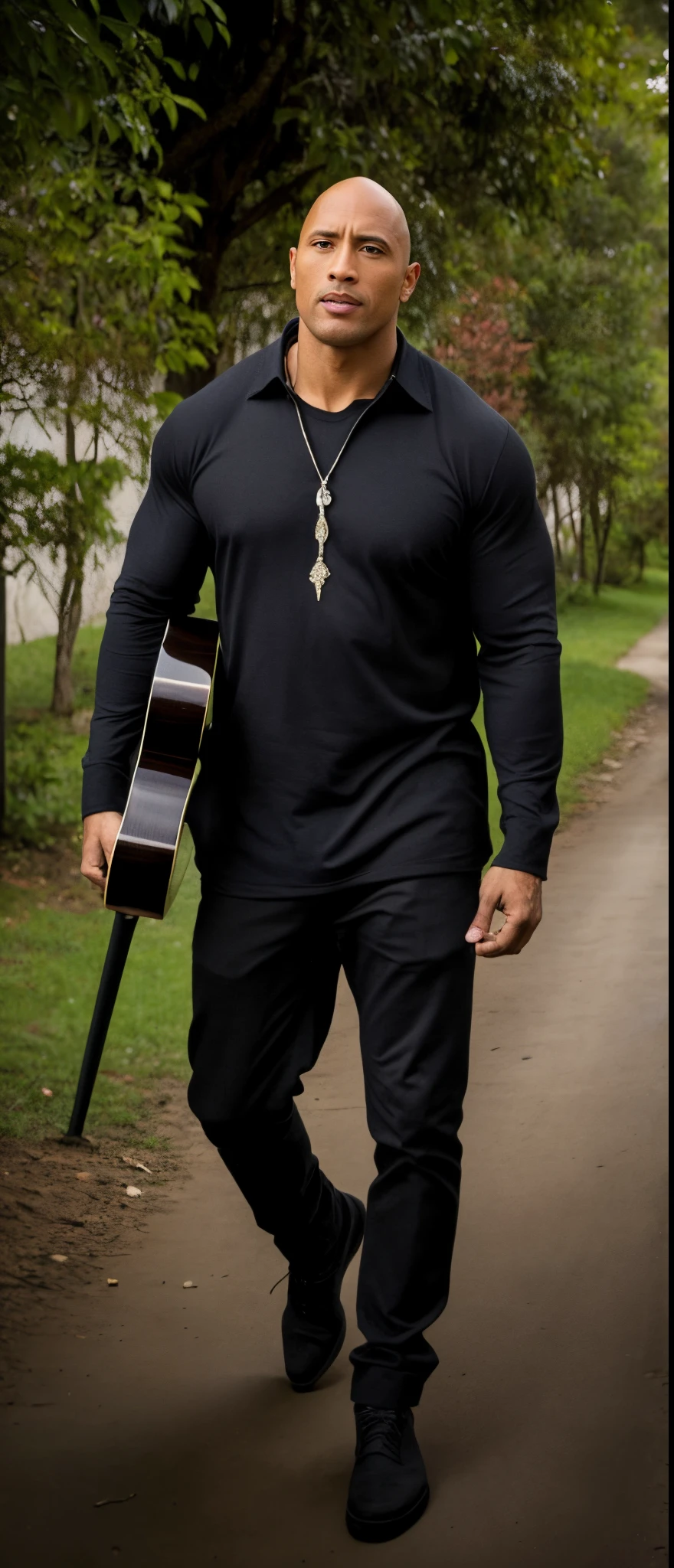 there&#39;s a man walking down a path with a guitar, imagem de corpo inteiro, carregando uma guitarra, taken in the early 2020s, A Rocha, album photo, david rios ferreira, tiro de corpo inteiro!!, he is wearing a black t-shirt, foto vazada, Foto de um ensaio promocional, Dwayne o Rock Johnson, foto de perfil, Dwayne Johnson