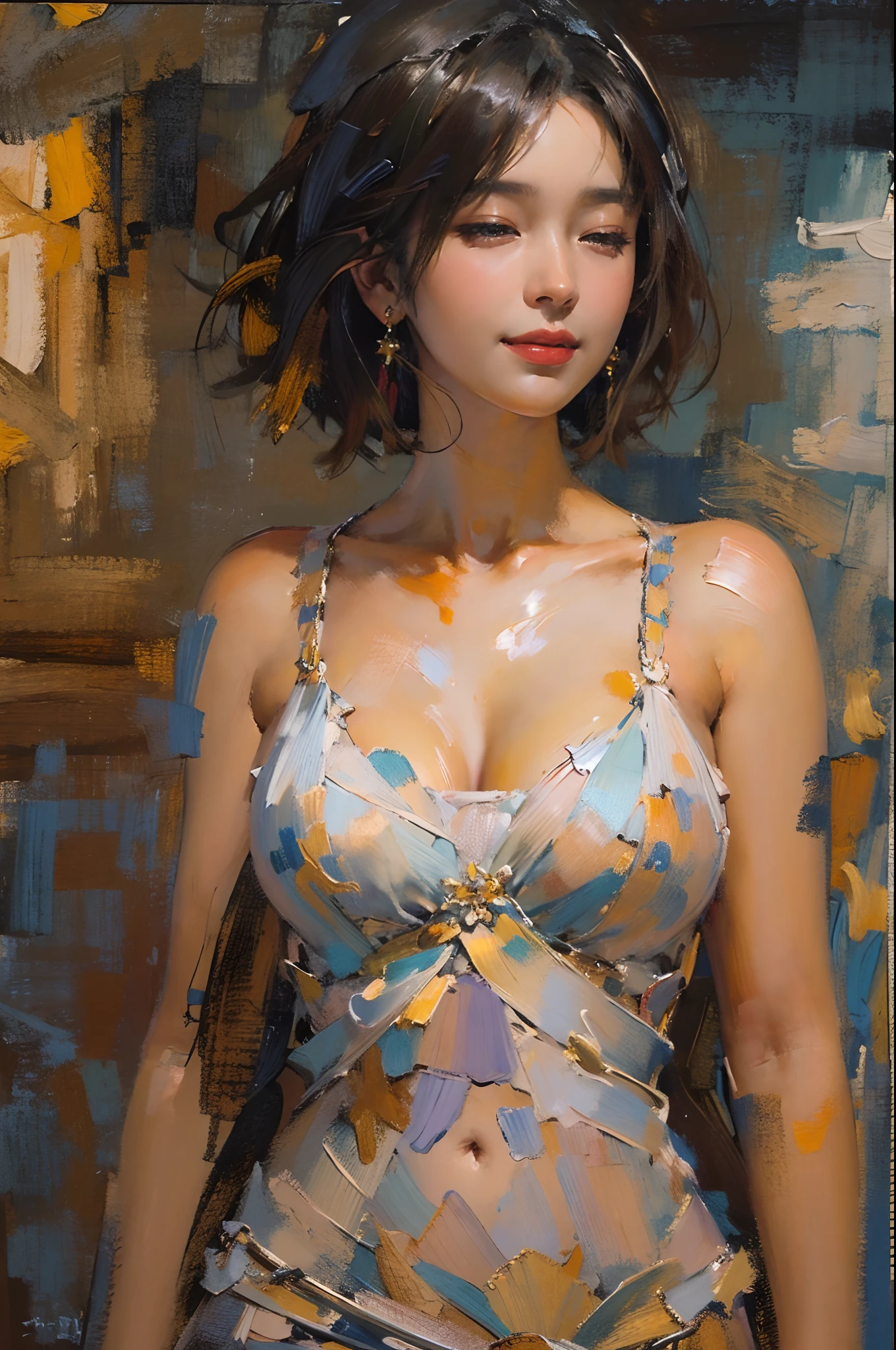 tmasterpiece, high qulity, illustratio, your name movie style, A woman is, Duan, casa, Bitchsuit, Undress, standing back, Close her eyes, Smiling, closeup cleavage,(Fechin oil painting - Fechin oil painting , oil painted), 003