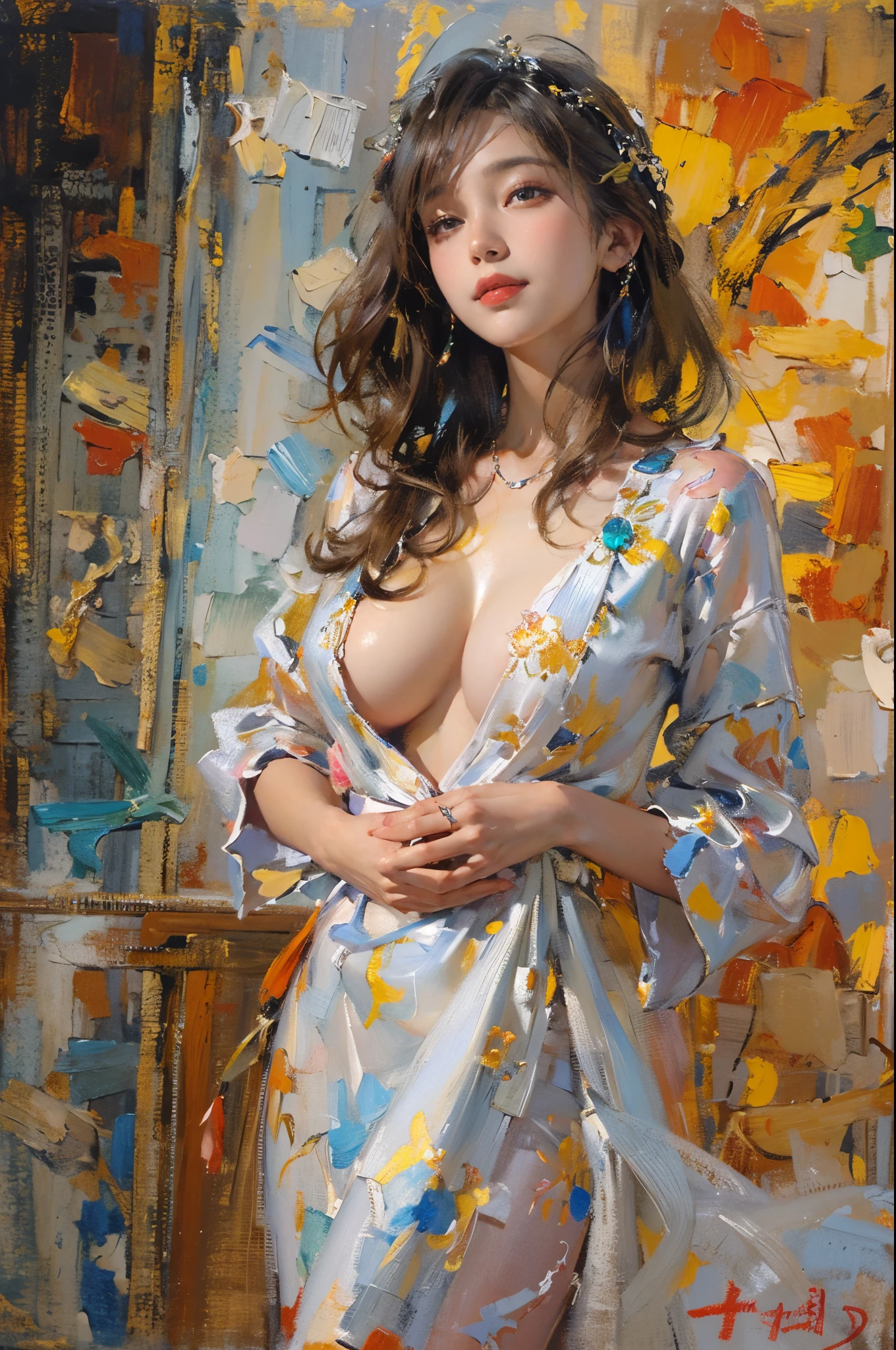 tmasterpiece, high qulity, illustratio, your name movie style, A woman is, Duan, casa, Bitchsuit, Undress, standing back, Close her eyes, Smiling, closeup cleavage,(Fechin oil painting - Fechin oil painting , oil painted), 003