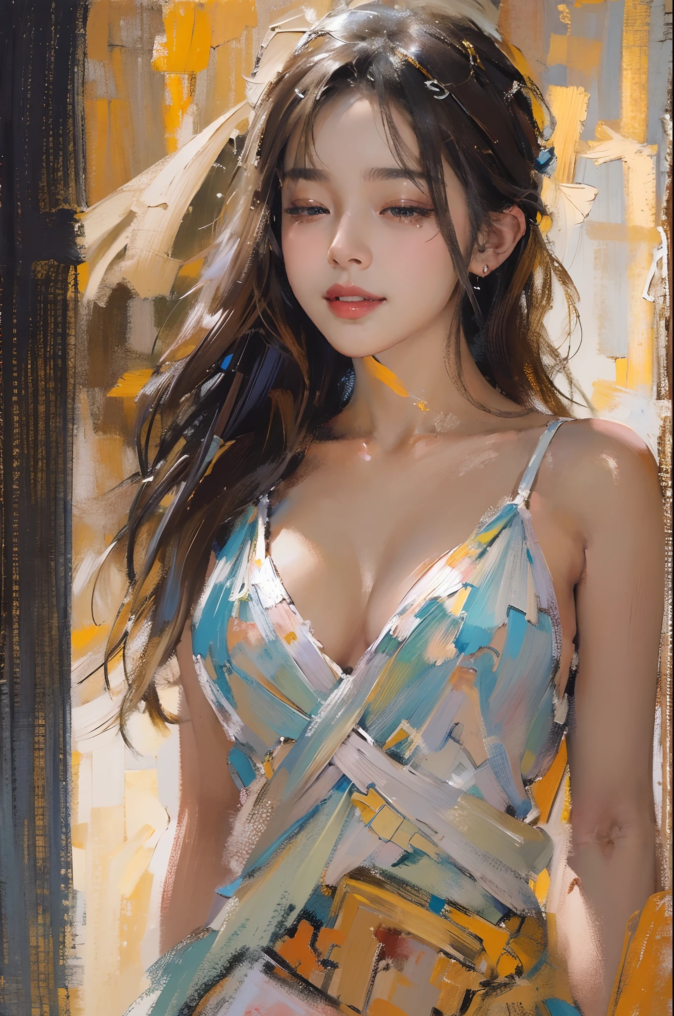 tmasterpiece, high qulity, illustratio, your name movie style, A woman is, Duan, casa, Bitchsuit, Undress, standing back, Close her eyes, Smiling, closeup cleavage,(Fechin oil painting - Fechin oil painting , oil painted), 003