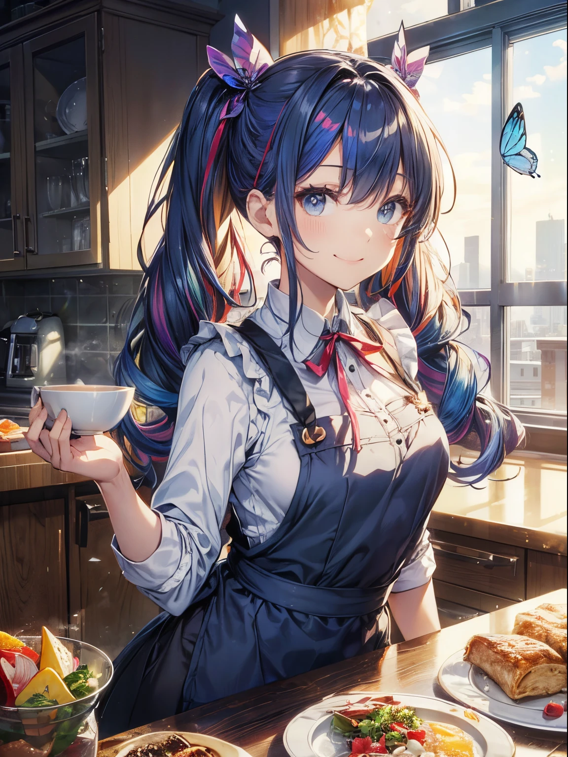 Kitchen Island, Large windows with a view of the cityscape、kitchin_Apron,Breakfast is laid out on the desk、(masutepiece:1.3), (8K, Photorealistic, Raw photo, Best Quality: 1.4), Beautiful face, (Realistic face), Beautiful detailed eyes, (Realistic skin), Attractive, Intricate details,Golden ratio, 1 girl,A smile, (rainbow hair:1.4),((Long twintails,Ribbon 1.4)),pinafore(blue butterfly apron dress),(Blue butterfly hair ornament),Breakfast,Dynamic Pose,Dynamic Angle,Intricate details, Hyper realistic, Perfect Anatomy、A smile、Smiling、Face enhancement、