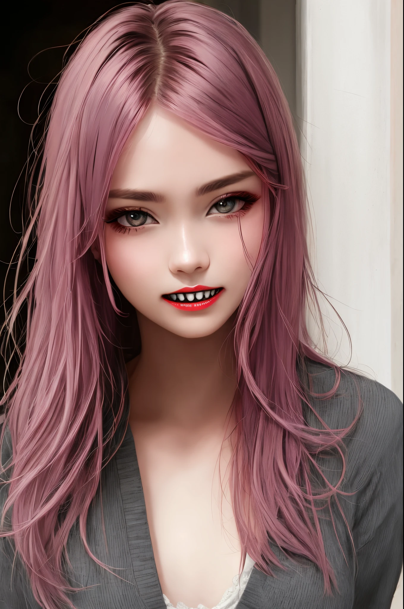 Girl with gray skin, eye-colored Reds with white pupils, sharp teeth and drooping eyelids, hair color Mauve and Quite thin