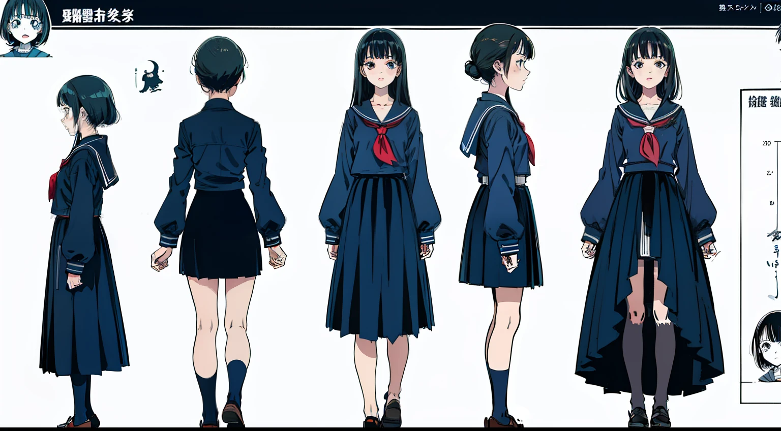 girl with,1 persons, 18year old,Cool, Standing Girl, three sided view, front, Back and sides, Character Sheet,Full body,Simple background,design sheet,female students,a sailor suit,murky,Nightmare, Night,Junji Ito