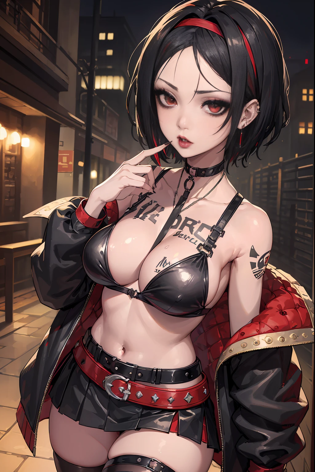 nikkecrow, bra, cleavage, off shoulder, jacket, open clothes, skirt, thighhighs, fishnets, choker, ear piercing, belt, hairband, tattoo, jewelry,(Tim Burton's Gothic Art Style), (Focus Light), Dim landscape, red light district, (Dim light), (night scene). slim, Sharp face, (Hentai Harness:1.2), (Black eyeliner, black eye wing, Black lips,) (detailed face and red eyes:1.4), earrings, lanyard, (Wet skin), (Oily skin), Deep cleavage, hyperdetailed lips, Ultra detailed eyes, Super detailed nose and ears, 鎖骨, Portrait, Photorealistic, Realistic details, A hyper-realistic, Wide open mouth, nightclub on the background, Red light,