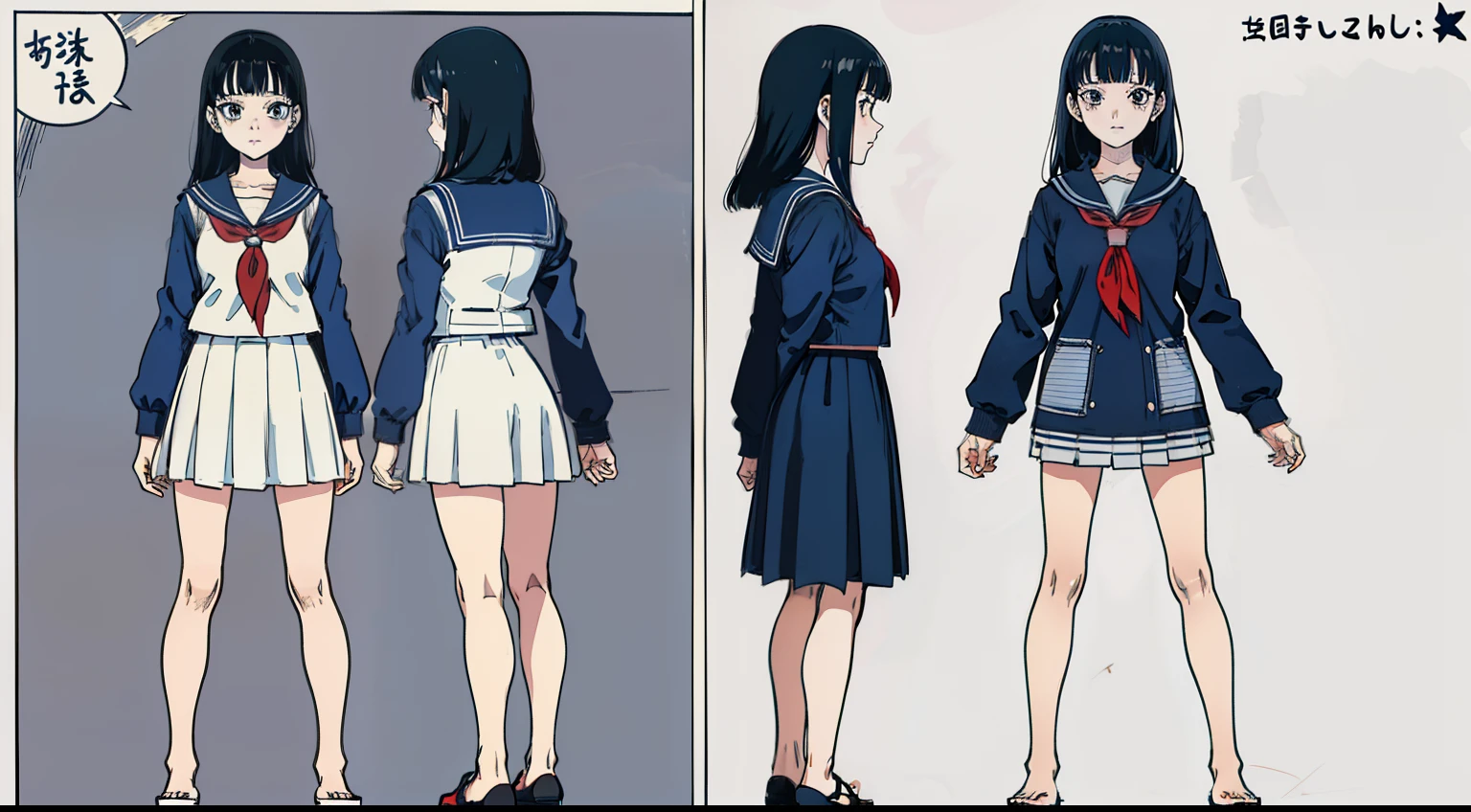 girl with,1 persons, 18year old,Cool, Standing Girl, three sided view, front, Back and sides, Character Sheet,Full body,Simple background,design sheet,female students,a sailor suit,murky,Nightmare, Night,Junji Ito