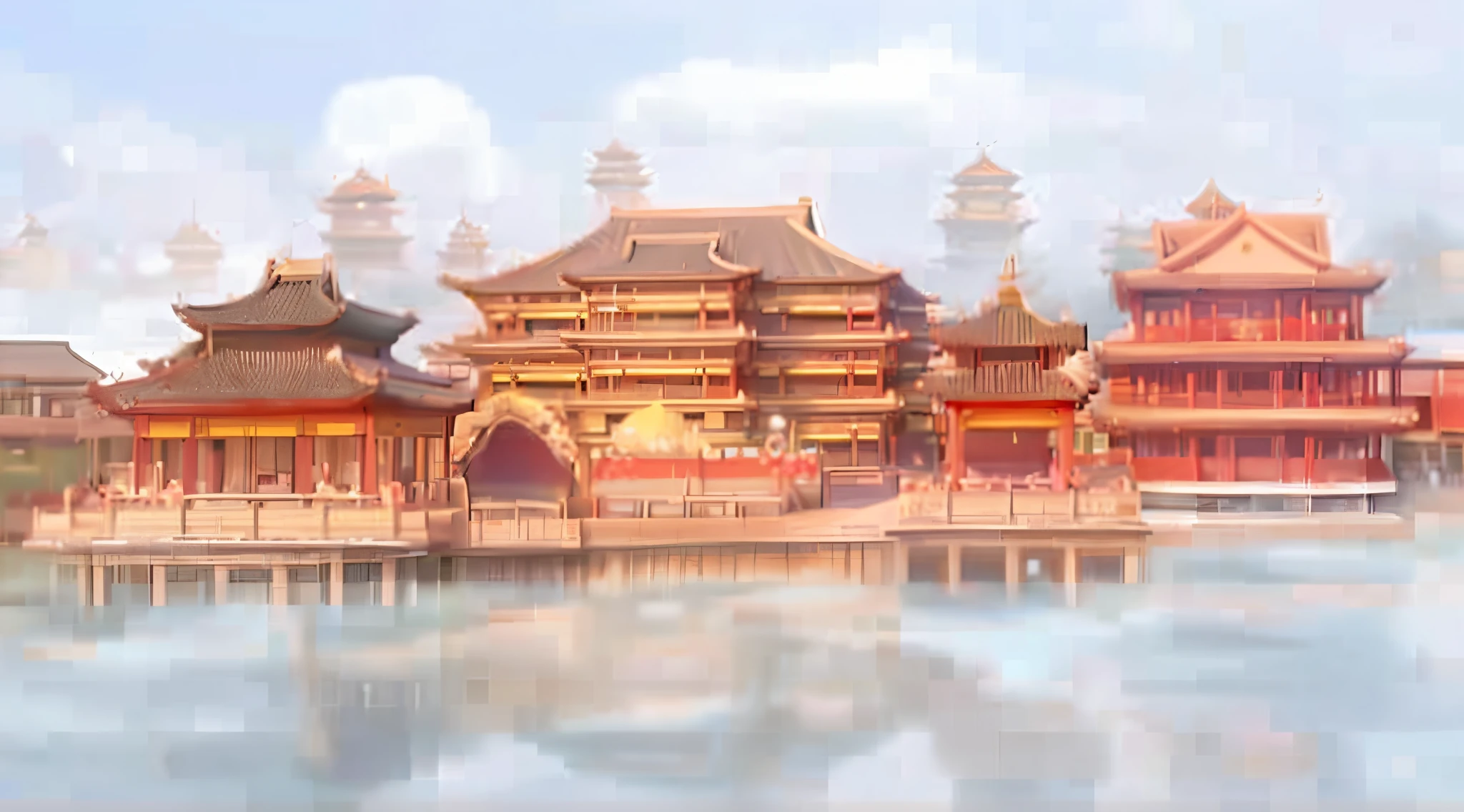 China city pictures, a temple background, 《Kola Legend》poser, Beautiful renderings of the Tang Dynasty, a palace floating in the air, palace background, chinese fantasy, Cloud Palace, Chinese Dreamland, background depicting a temple, Chiba Yuda, A palace floating in the air, Dream Chinatown