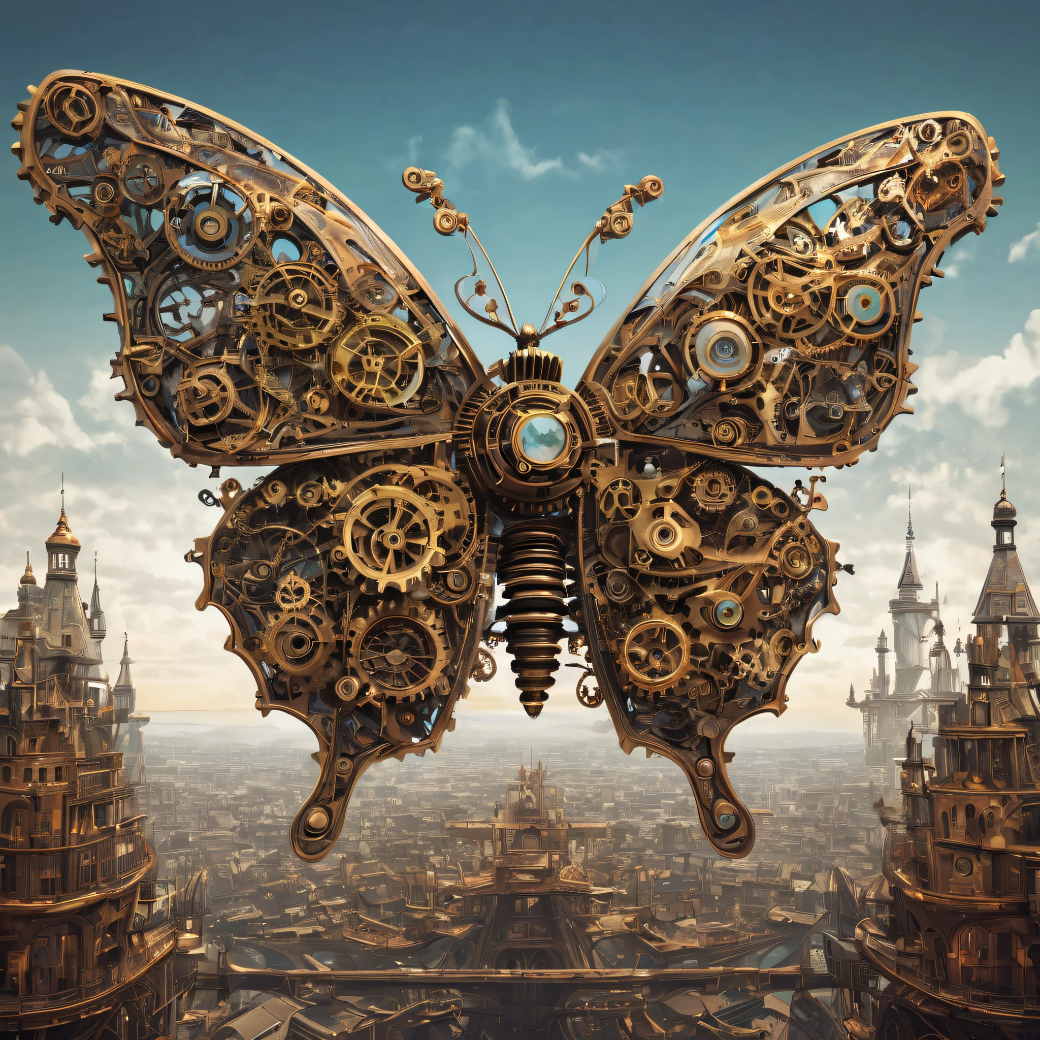 Step into a world of mechanical marvels with this digital artwork prompt featuring a steampunk-style city landmark. The artist's mastery of digital techniques brings to life a colossal butterfly, constructed entirely out of intricately designed mechanical gears. The butterfly hovers above the city, its wings outstretched, showcasing the intricate details and interlocking gears. Tiny figures are positioned nearby, adding a sense of scale and awe in the presence of this magnificent creation. The artist's choice of colors and lighting enhances the metallic sheen and texture of the gears, creating a captivating visual experience. This artwork invites the viewer to explore a world where imagination and technology intertwine. Created by renowned digital artist Daniel Dociu