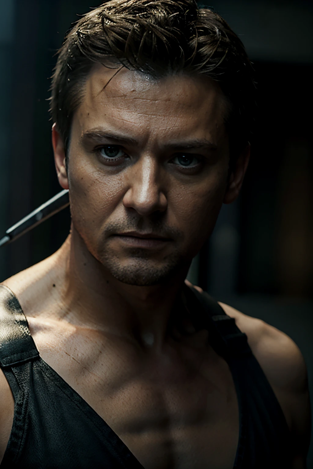 masterpiece, best quality, realistic, photorealistic, half body shot of Hawkeye, marvel cinematic, detailed face, 8k, uhd, sharp focus