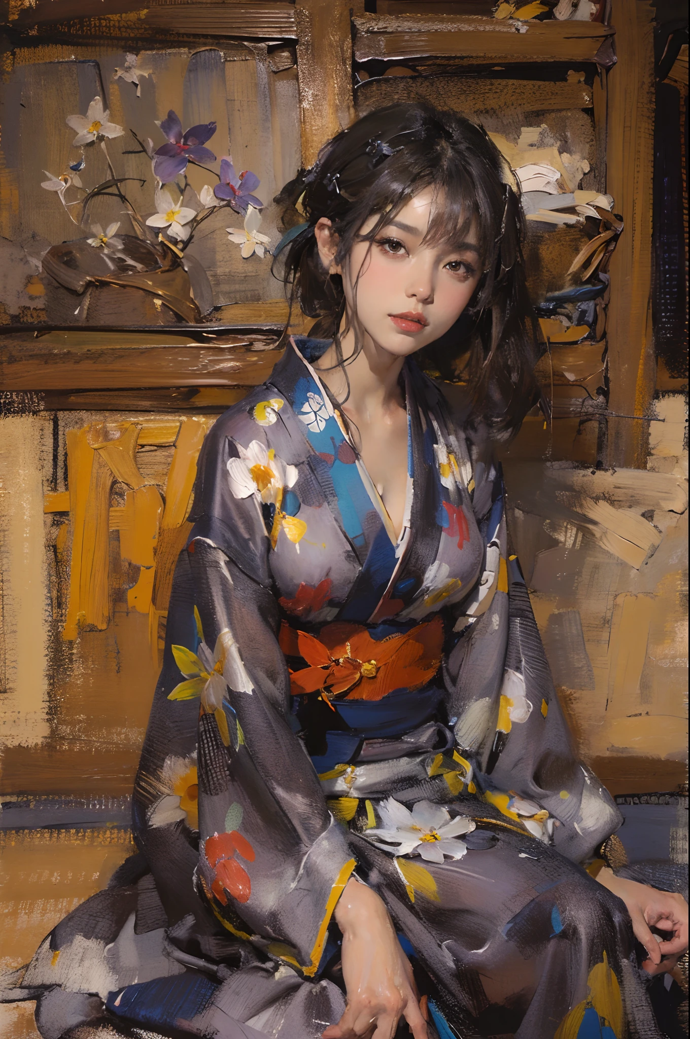 There is a woman squatting on the tatami,(((A MILF: 1.4))), (Beautiful curves:1.35),(((Dark skin))),Curvy physique,, Thick body,((bigger )),((Completely slim down )), (((Pinching the crotch while wearing a yukata))),((take off your bathrobe)),((pubes)), Samu rice paste, model in Japan,((Sexual suggestiveness)),,(Fechin oil painting - Fechin oil painting , oil painted), 00