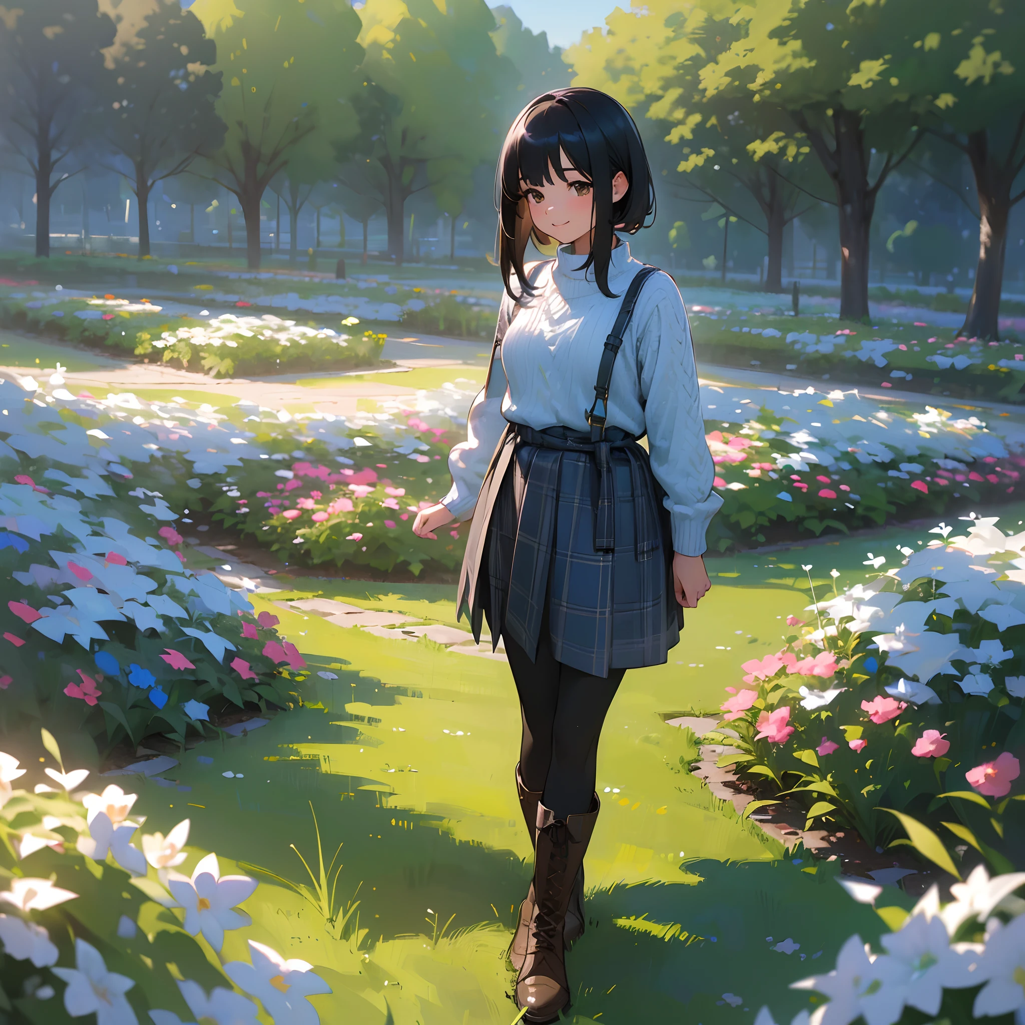 (High quality, High resolution, Ultra-detailed, Realistic:1.37), peaceful ambiance, (plein air, garden), Teenage girl standing alone, Beautiful detailed features, Cute smile, (Black bob hair), Rib Sweater, blue plaid skirt, Black tights, Brown boots.