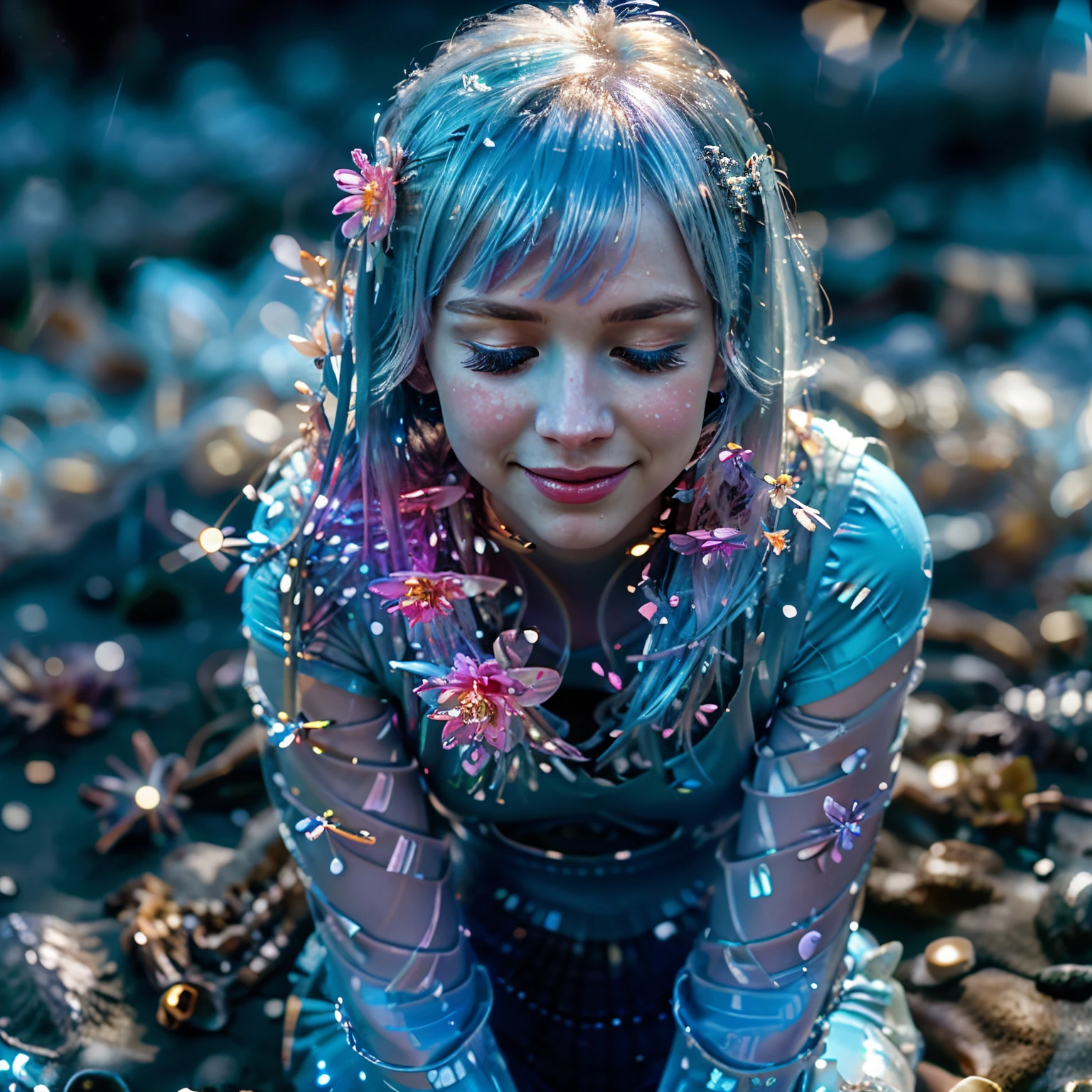 a beautiful girl is sitting on the beach,smile with one eye closed,Crystal spring flower, Pink white gradient, water drop, Fantastical, galaxies, Transparent, Light blue leaves, brilliance, aqua, colorful, Magical photography of light blue leaves, dramatic illumination, Photo realism, Ultra detailed, depthoffield, high resolusion, parted bangs, silver hair, Sparkle, god rays, projected inset, from above, 4k, anatomically correct, UHD